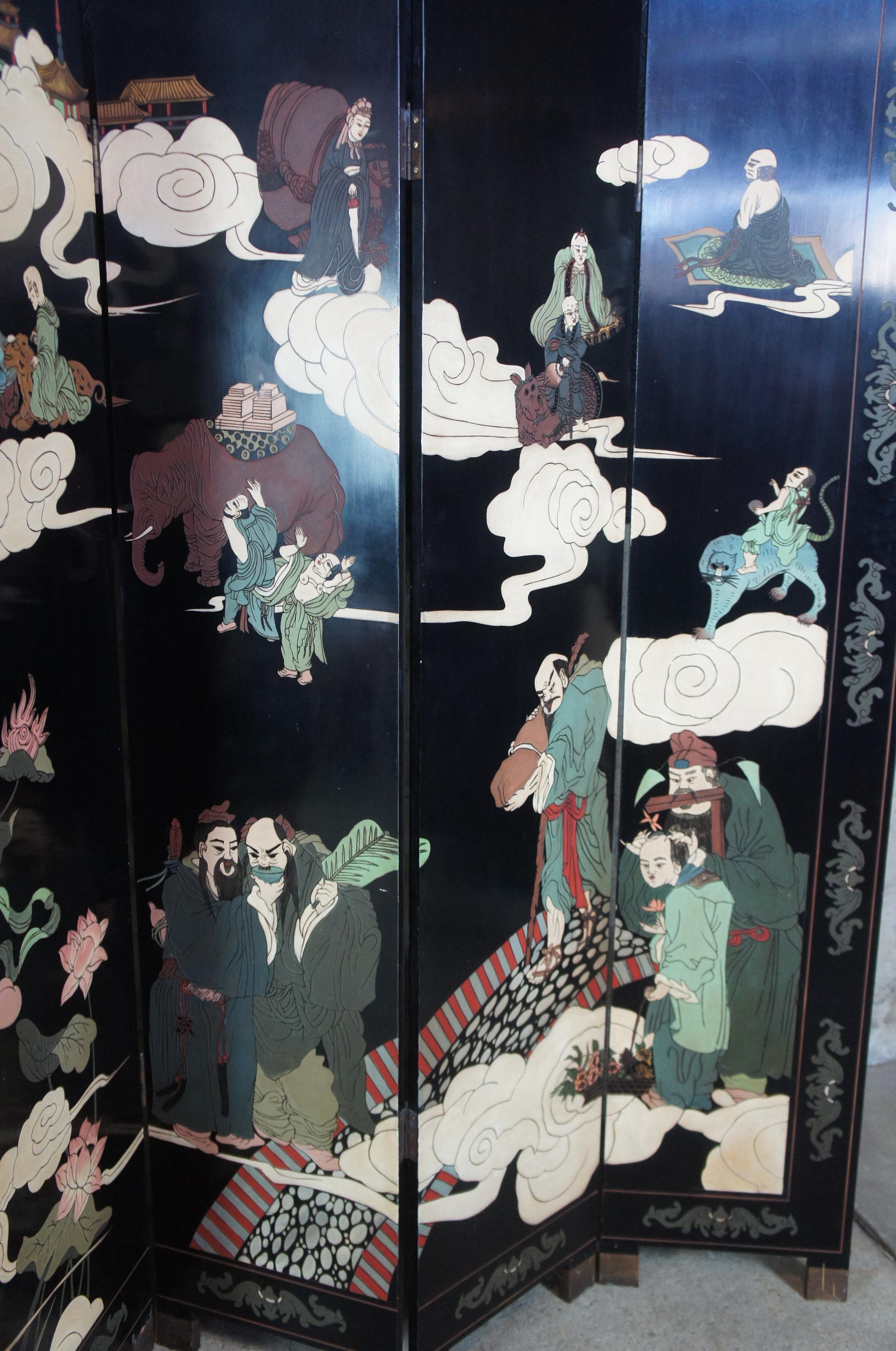 Chinese Black Lacquer 6 Panel Coromandel Folding Screen Room Divider Cranes Gods 2