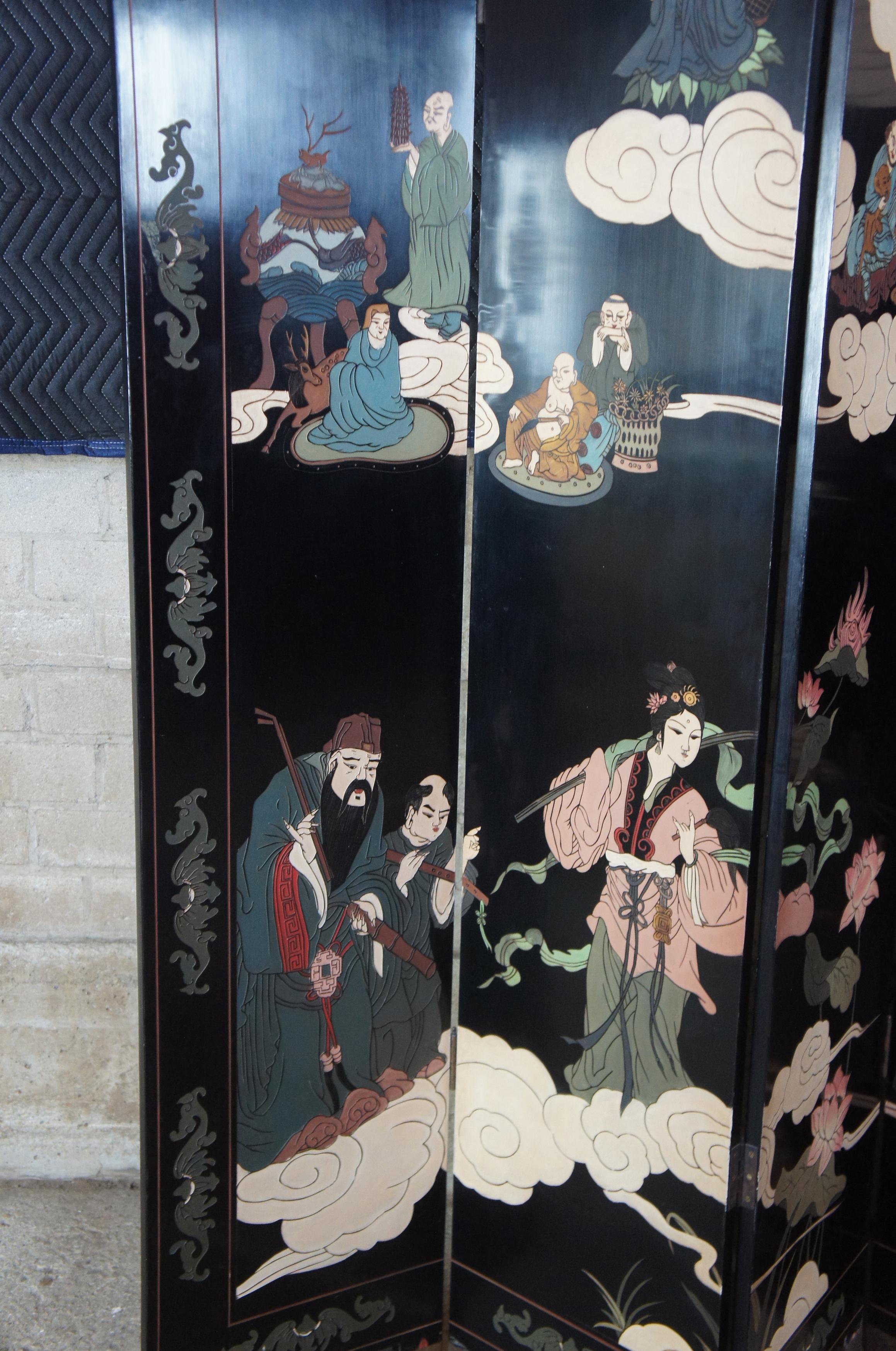 Chinese Black Lacquer 6 Panel Coromandel Folding Screen Room Divider Cranes Gods 3