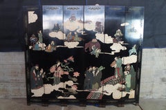 Chinese Black Lacquer 6 Panel Coromandel Folding Screen Room Divider Cranes Gods