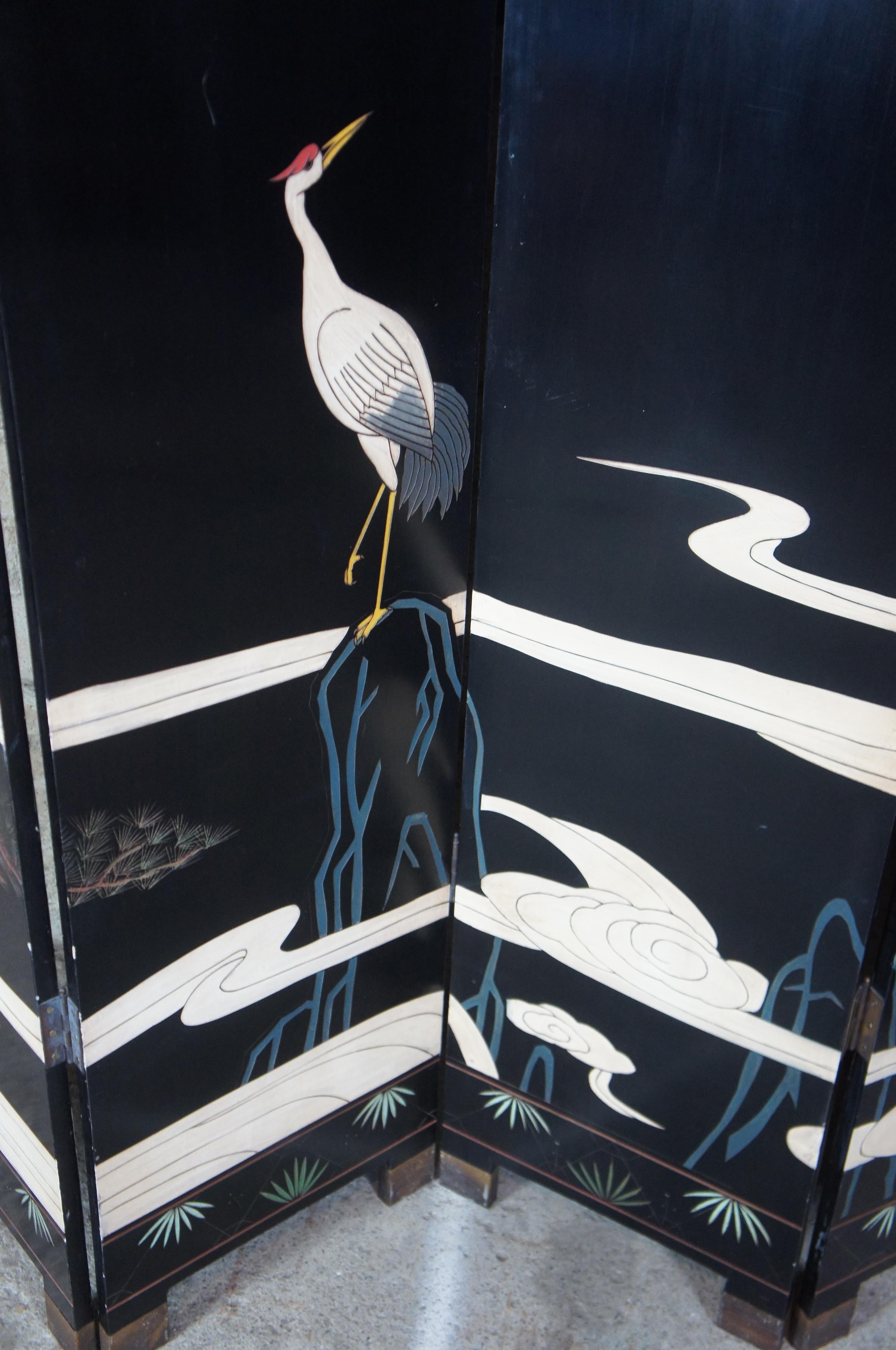 Chinoiserie Chinese Black Lacquer 6 Panel Coromandel Folding Screen Room Divider Cranes Gods