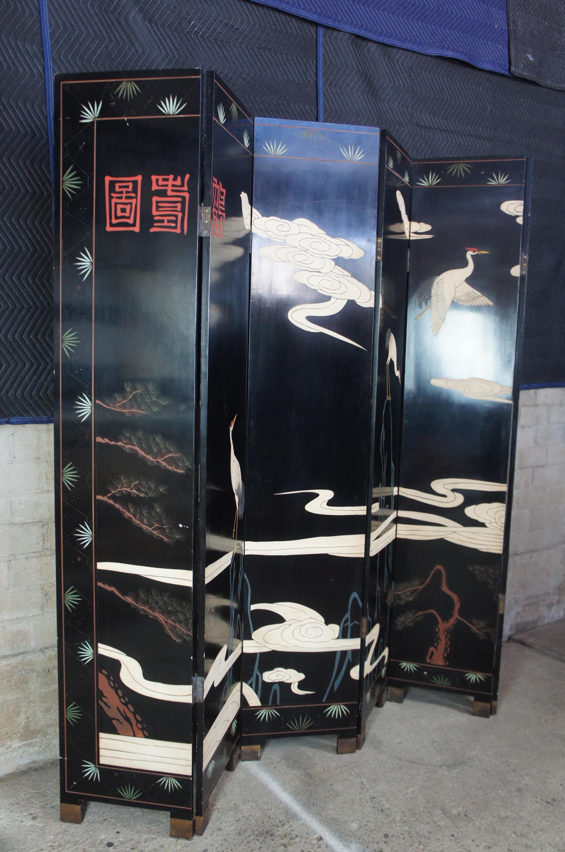 Chinese Black Lacquer 6 Panel Coromandel Folding Screen Room Divider Cranes Gods In Good Condition In Dayton, OH