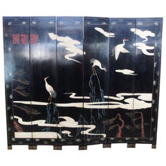 Chinese Black Lacquer 6 Panel Coromandel Folding Screen Room Divider Cranes Gods