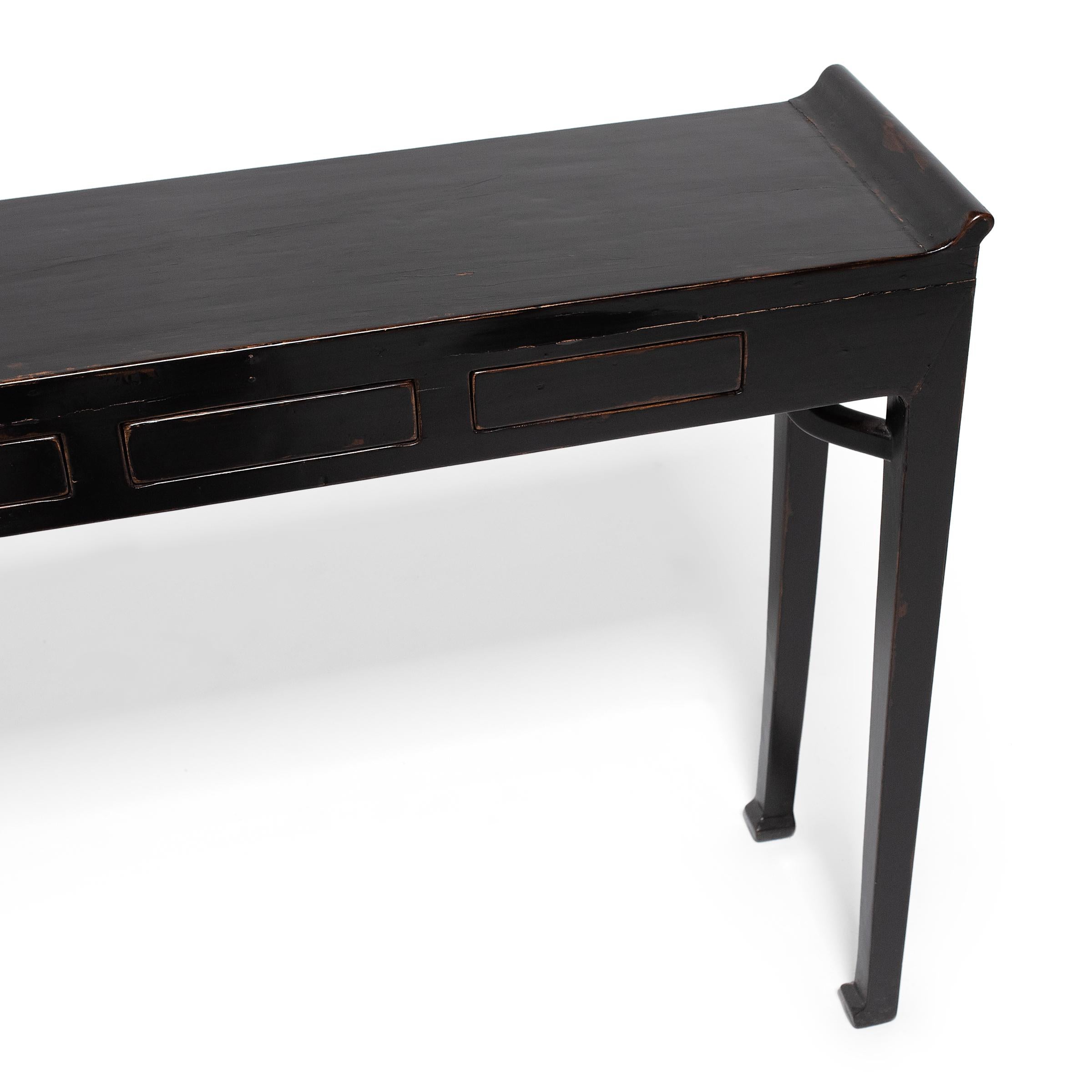 Elm Chinese Black Lacquer Altar Table with Hidden Drawers, c. 1900