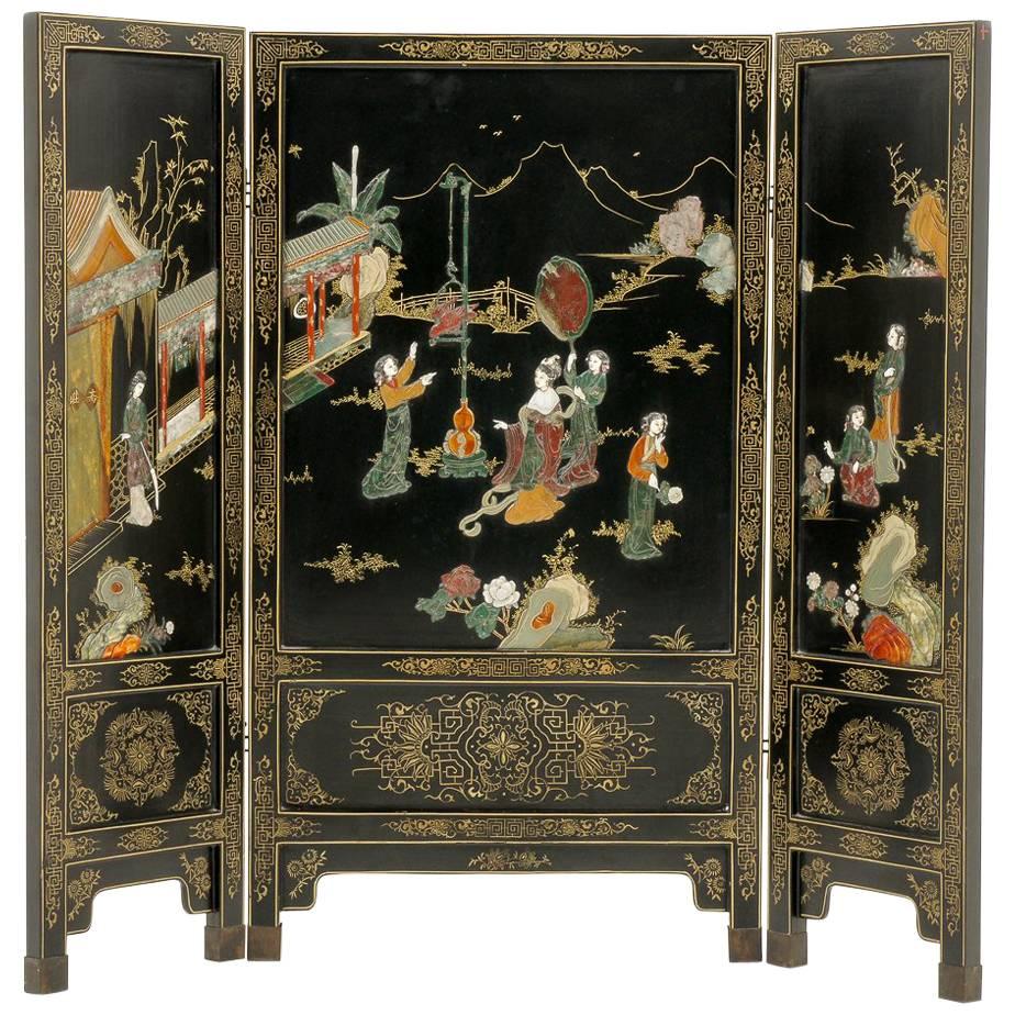 Chinese Black Lacquer and Carved Hardstone Screen