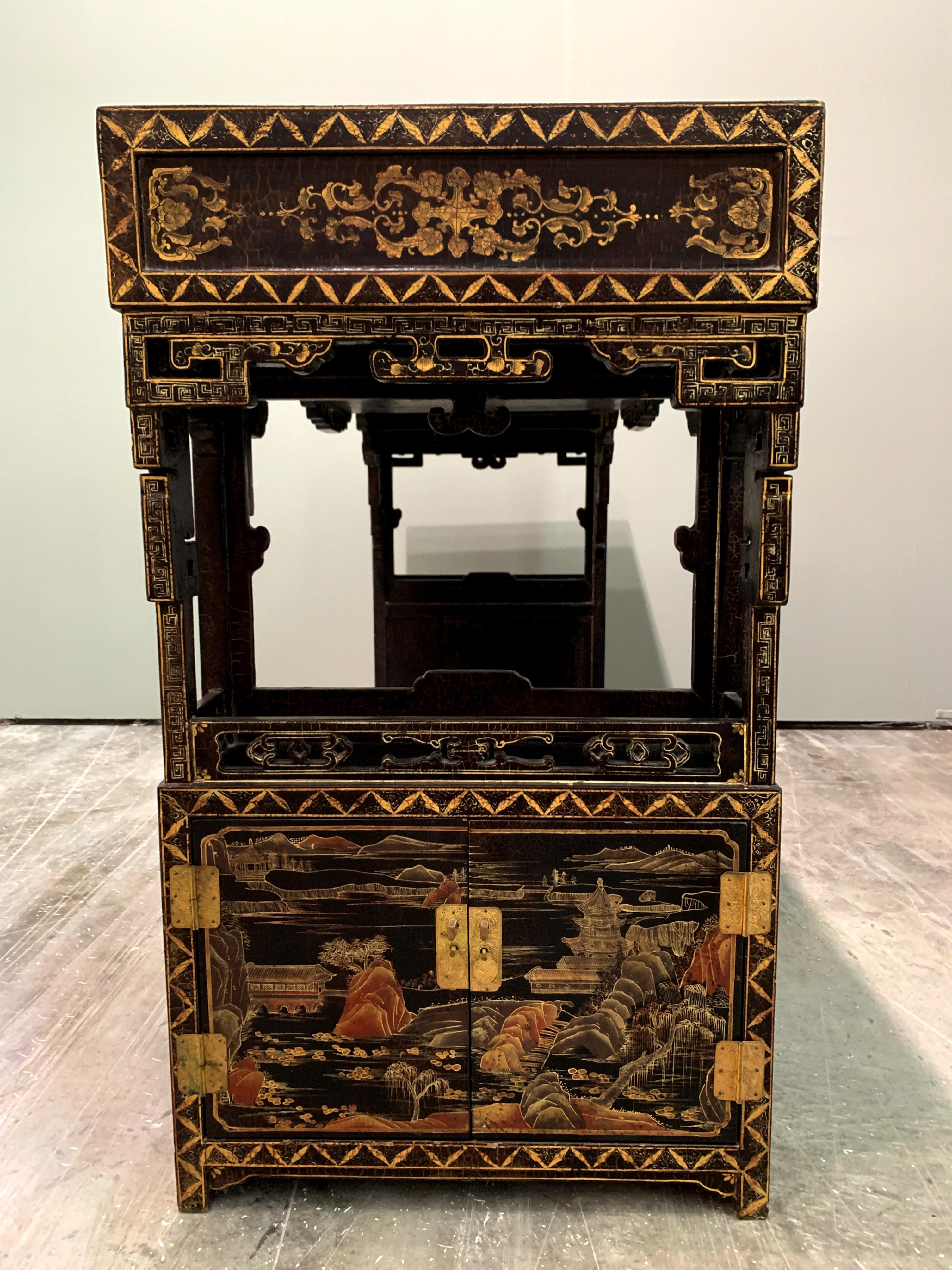 Chinese Black Lacquer and Gilt Painted Console, Qing Dynasty, 19th Century For Sale 9