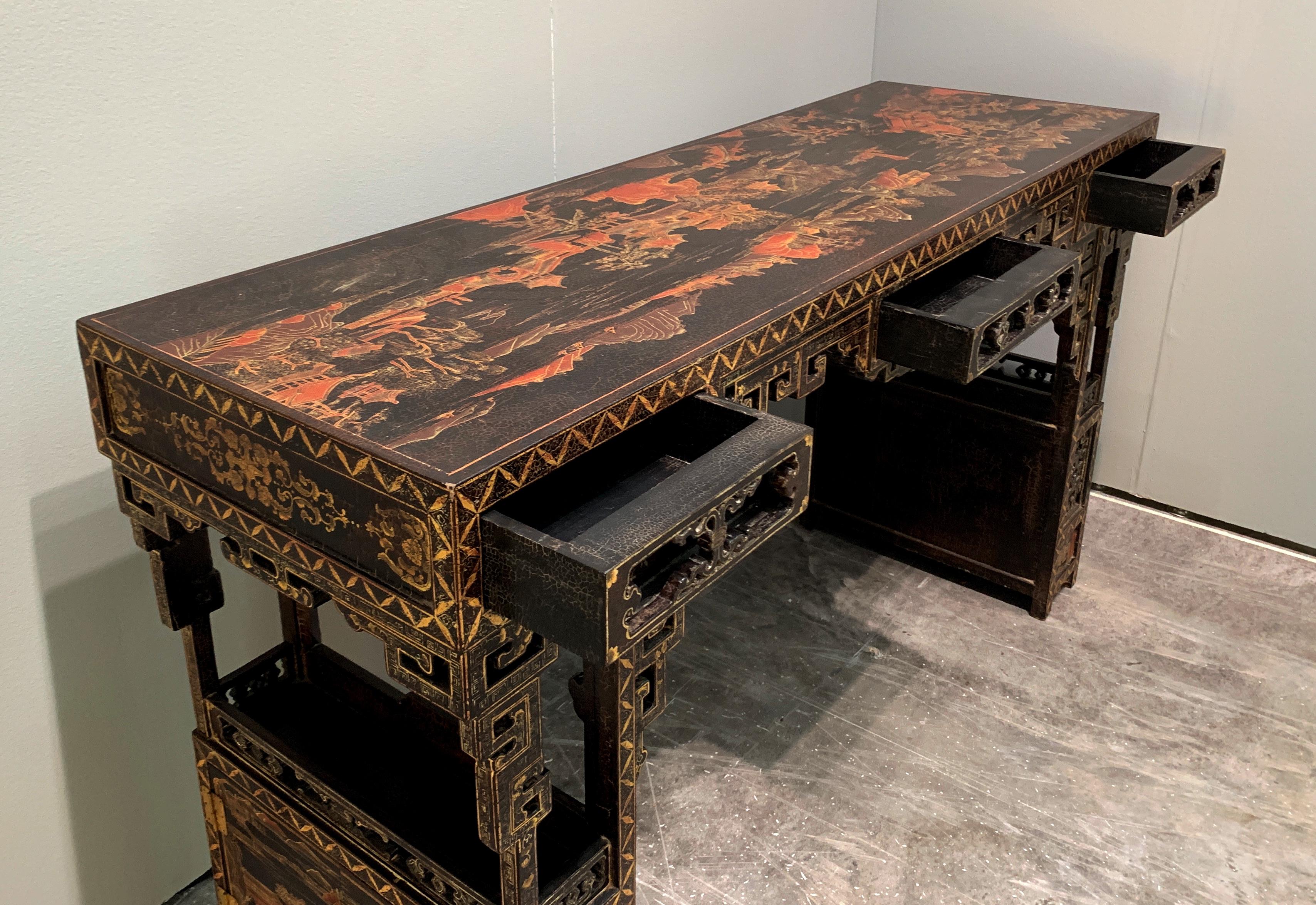 Chinese Black Lacquer and Gilt Painted Console, Qing Dynasty, 19th Century For Sale 4