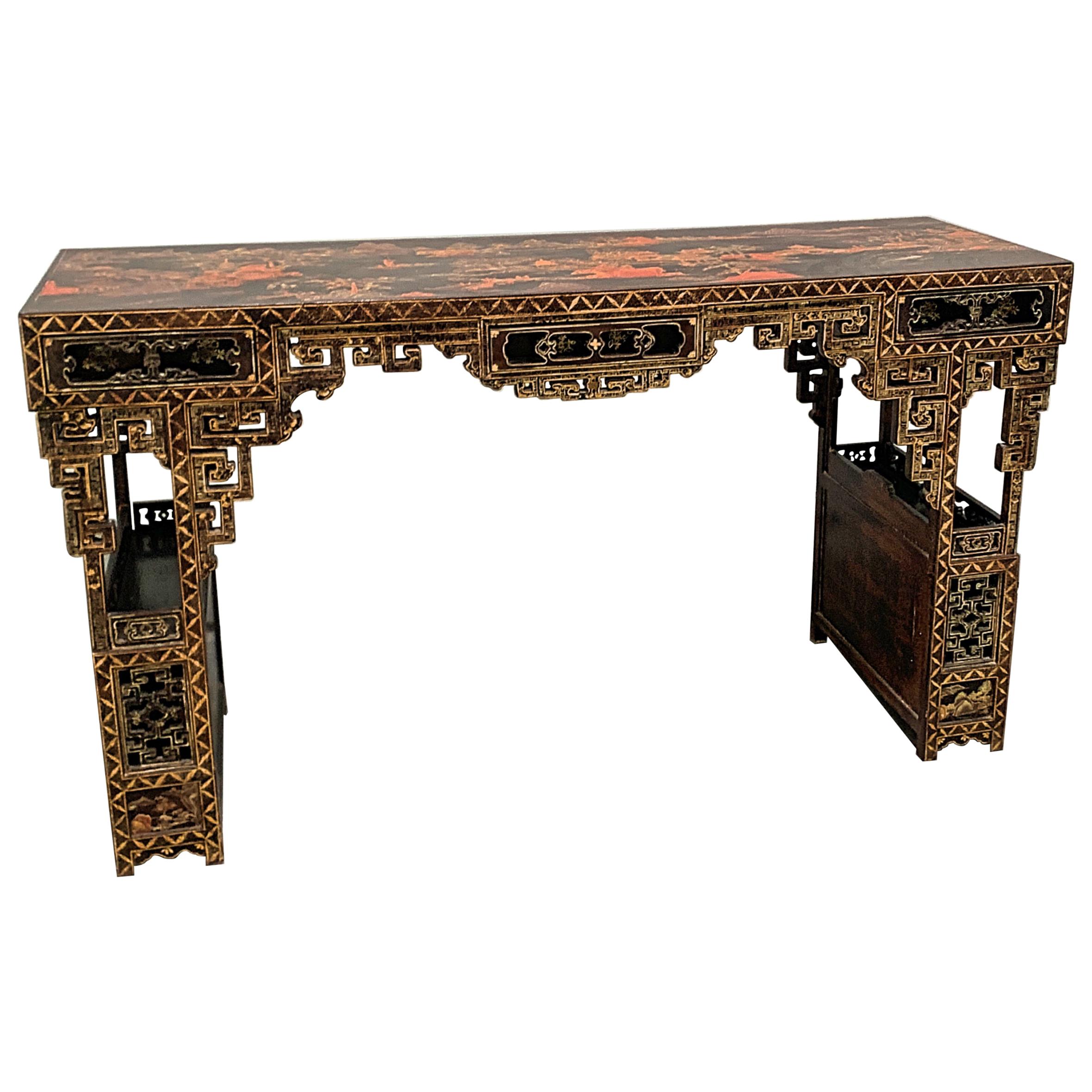 Chinese Black Lacquer and Gilt Painted Console, Qing Dynasty, 19th Century For Sale