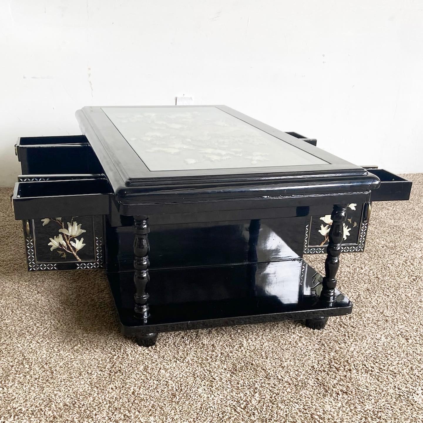 Chinese Export Chinese Black Lacquer and Mother of Pearl Inlay Coffee Table