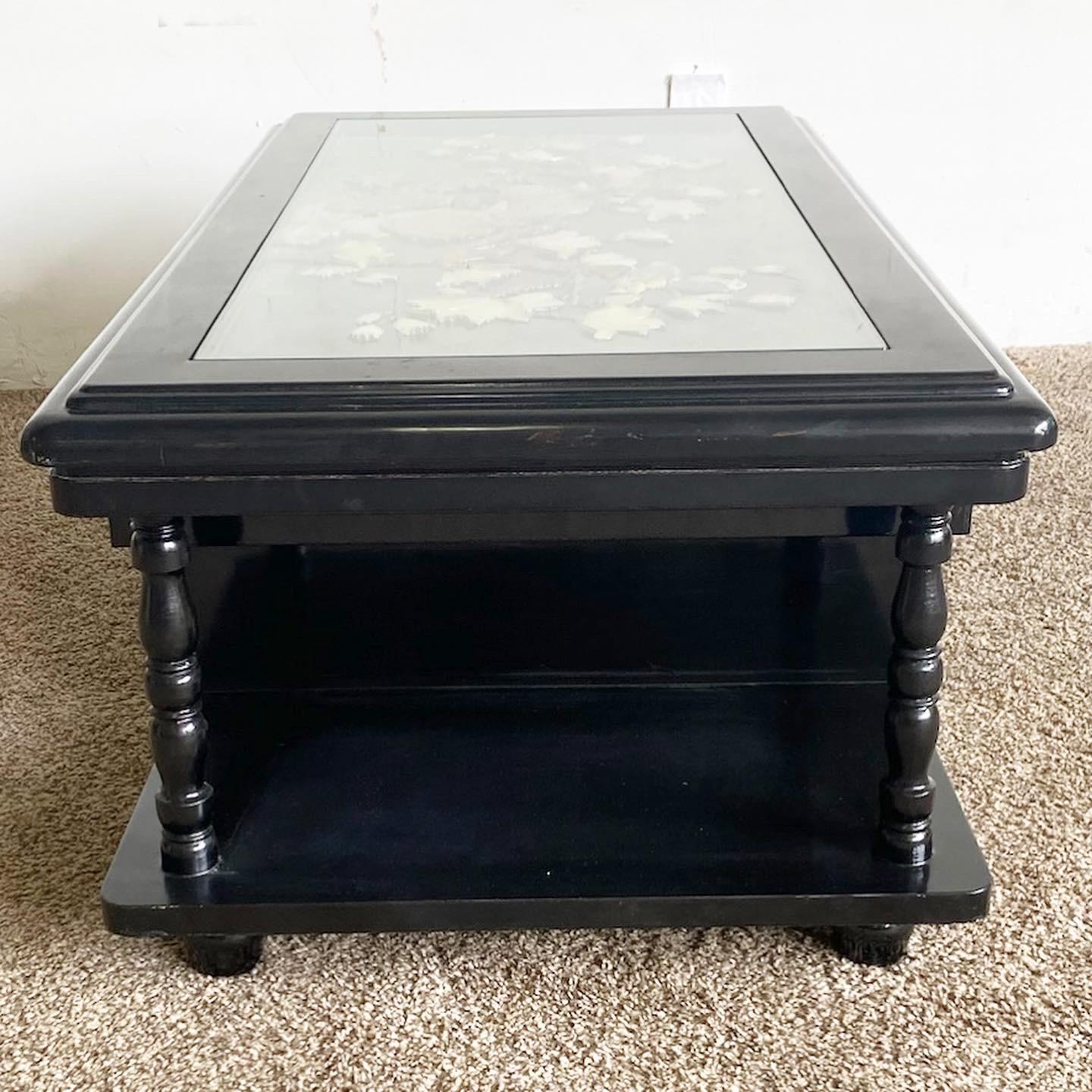 Glass Chinese Black Lacquer and Mother of Pearl Inlay Coffee Table