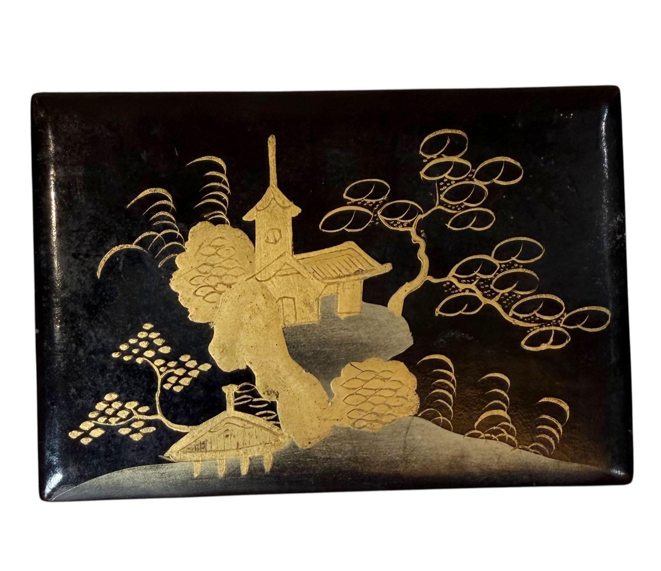 Chinese black lacquer box dating from the early 19th century, circa 1800 to 1820. This piece was originally the interior compartment of a larger work box, now long separated from its outer case. The quality of the lacquer is exceptionally fine with