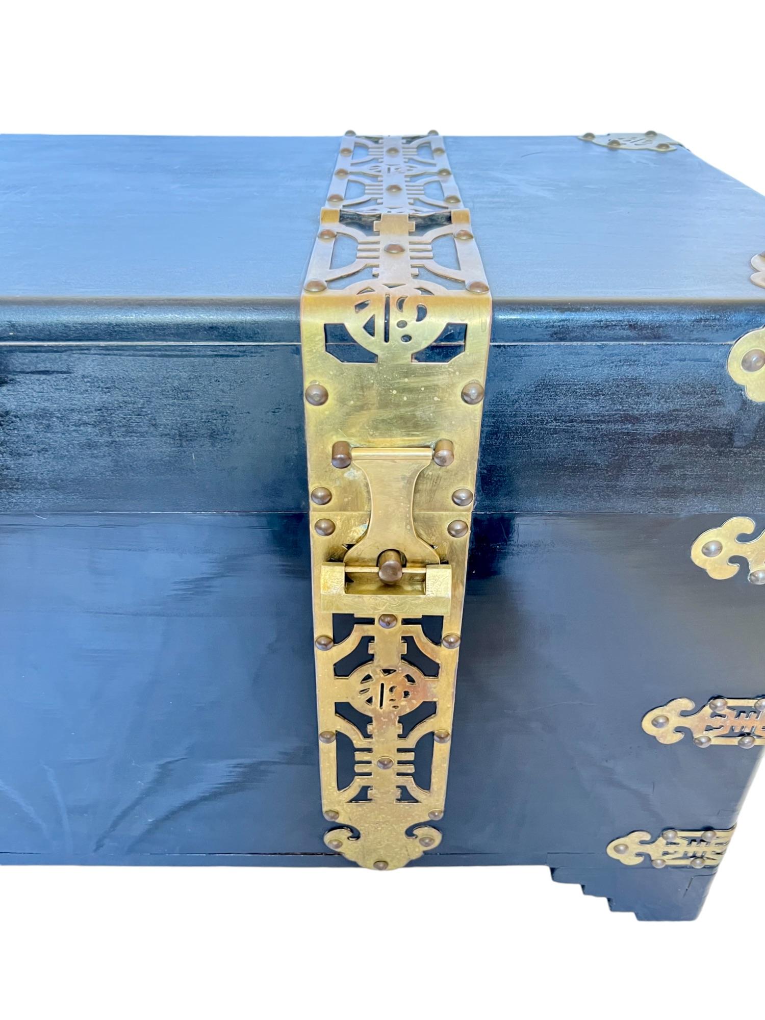 Chinese Black Lacquer Brass Bound Trunk, Early 20th C. For Sale 4