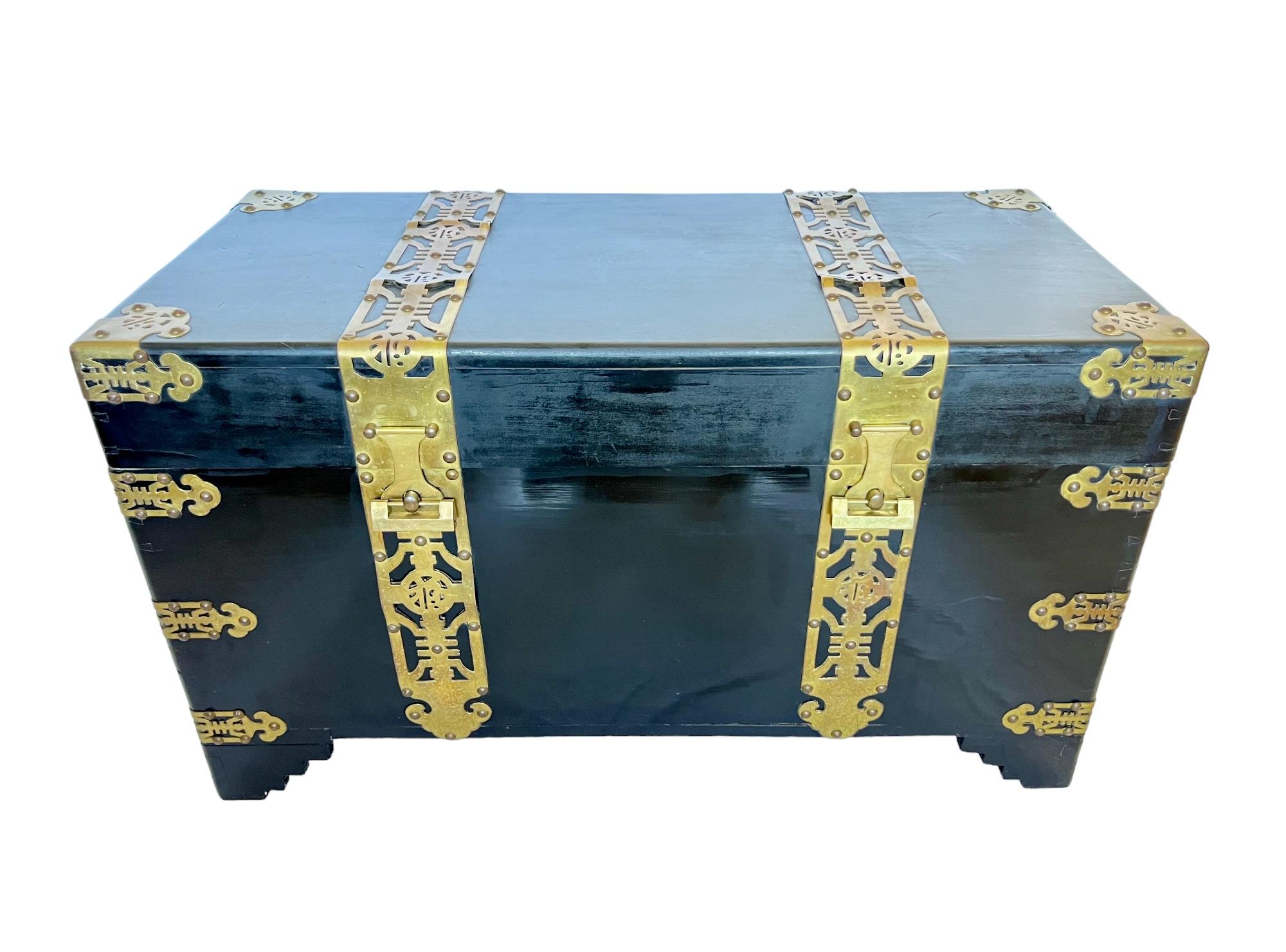 Chinese Export Chinese Black Lacquer Brass Bound Trunk, Early 20th C. For Sale