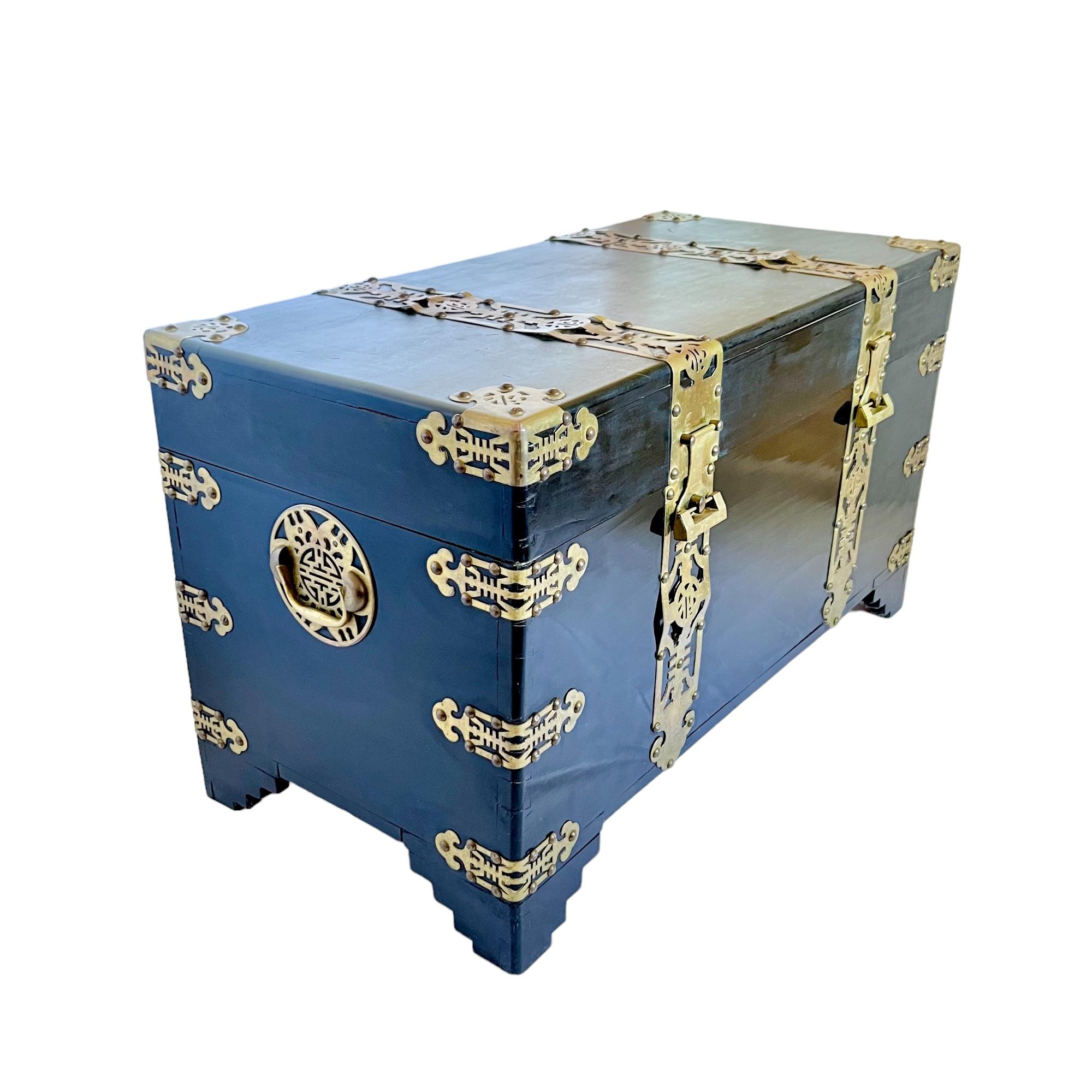 Lacquered Chinese Black Lacquer Brass Bound Trunk, Early 20th C. For Sale