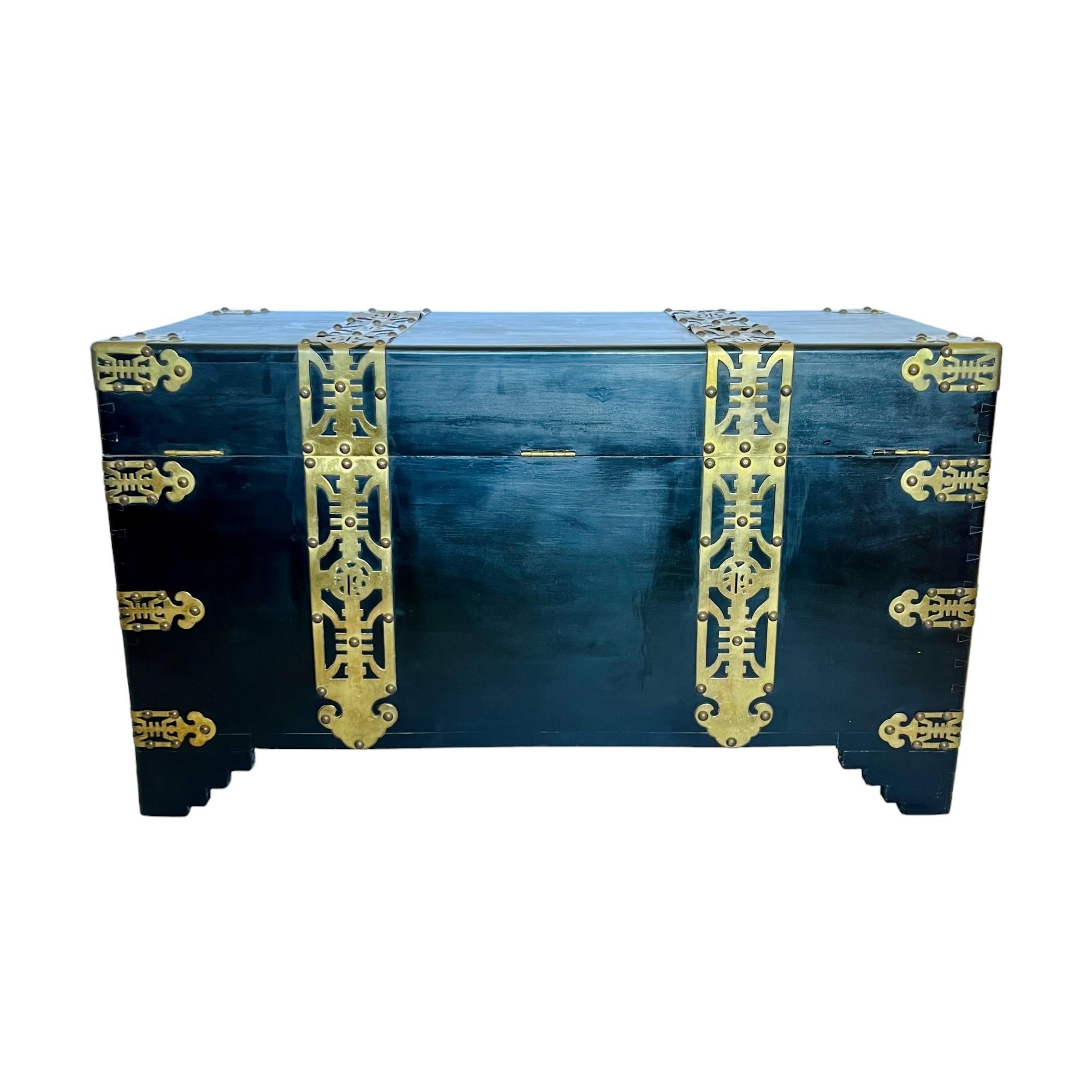 Chinese Black Lacquer Brass Bound Trunk, Early 20th C. For Sale 2