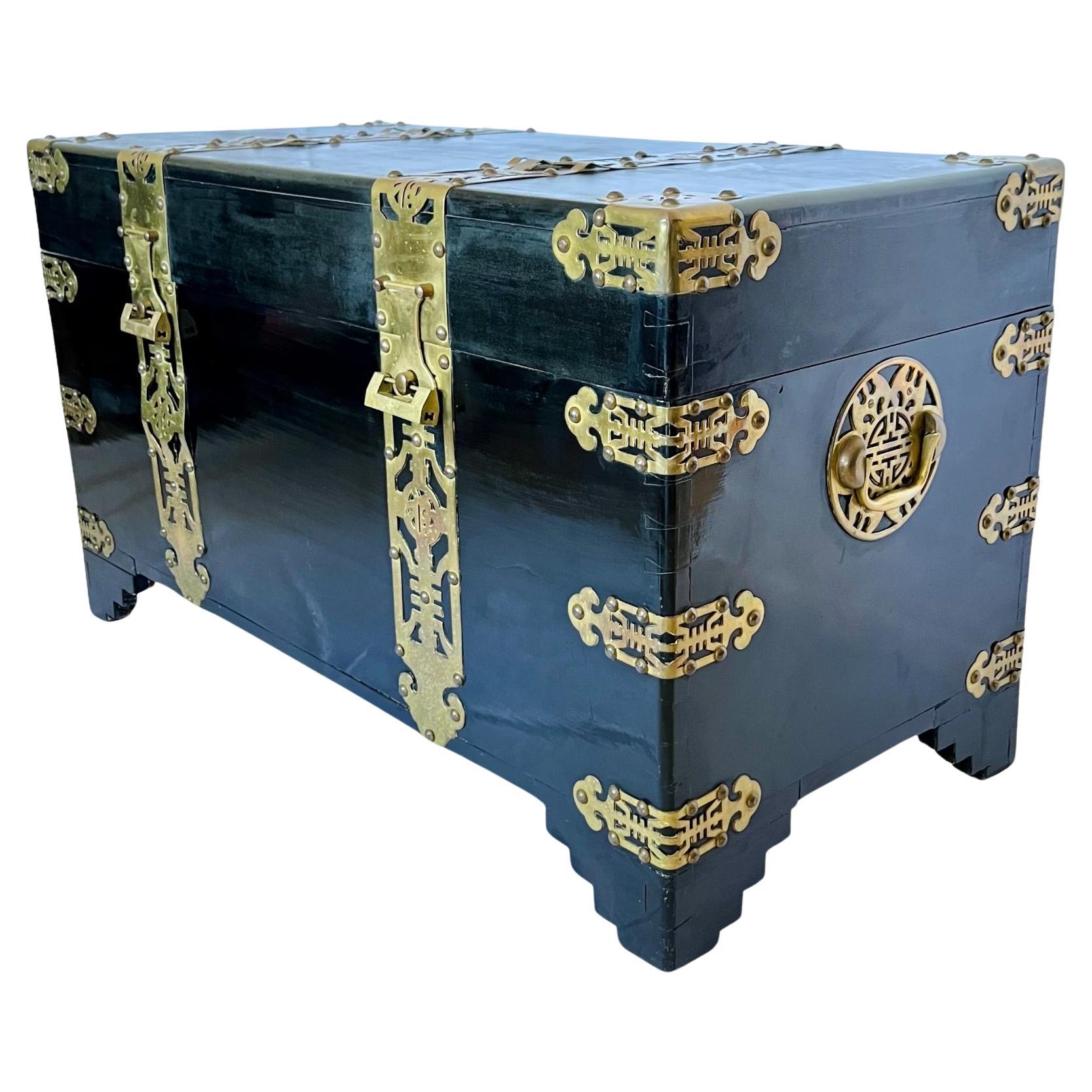 Chinese Black Lacquer Brass Bound Trunk, Early 20th C. For Sale