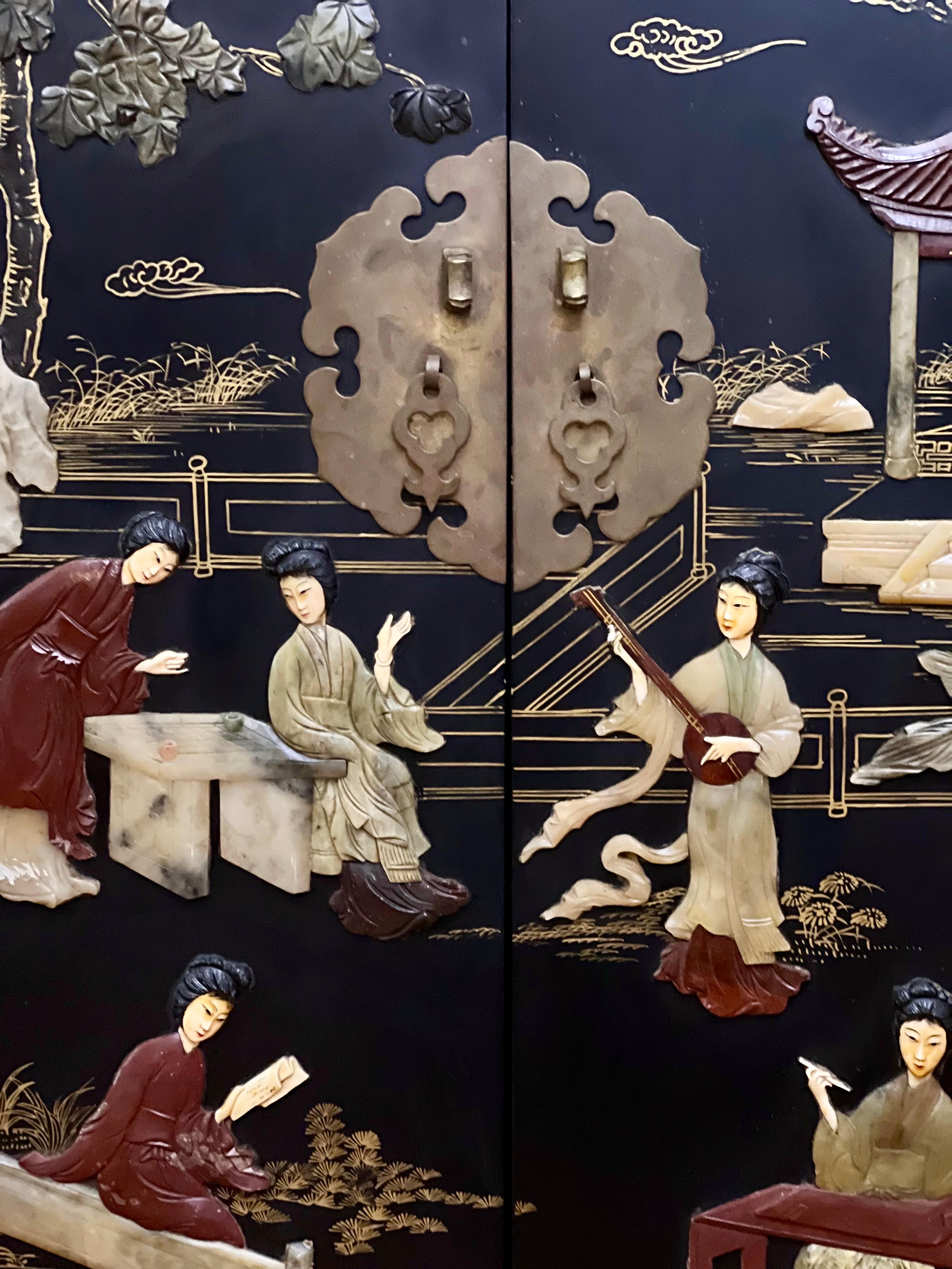 Chinese Black Lacquer Cabinet with Hardstone Mounts and Mother-of-Pearl Inlay For Sale 5