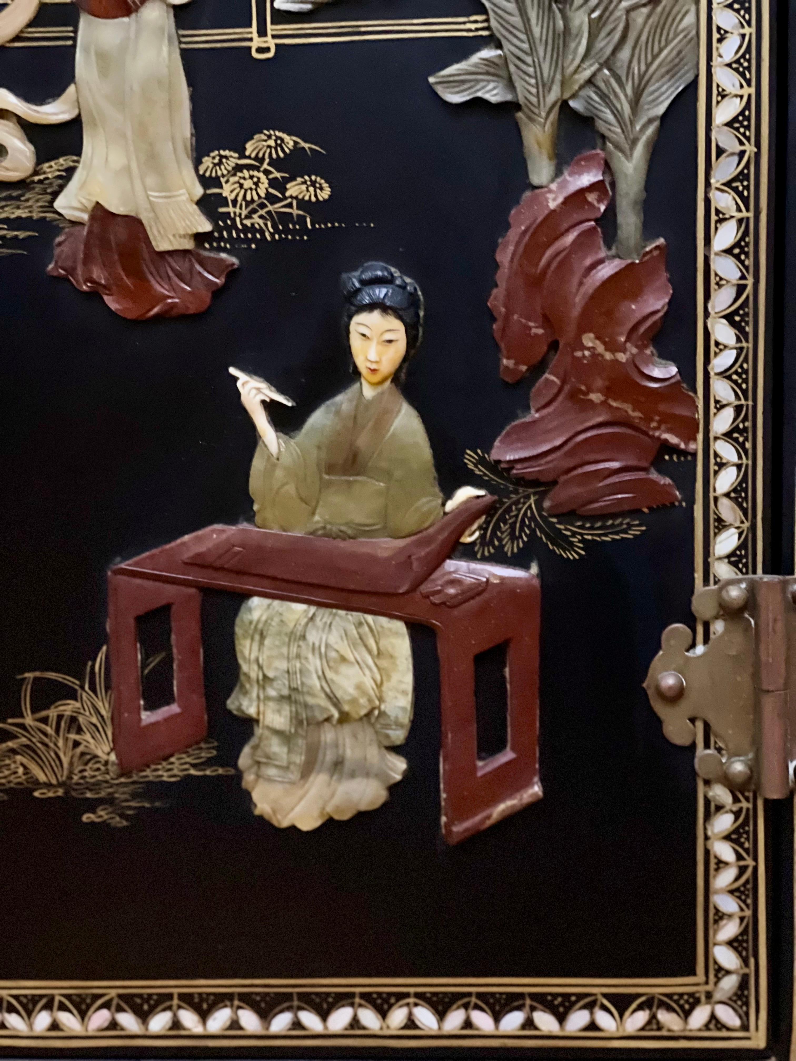 Chinese Black Lacquer Cabinet with Hardstone Mounts and Mother-of-Pearl Inlay For Sale 7