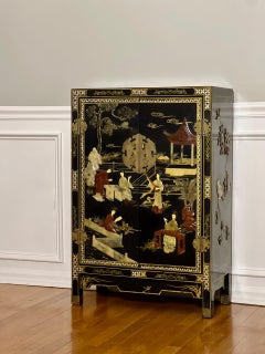 Chinese Black Lacquer Cabinet with Hardstone Mounts and Mother-of-Pearl Inlay