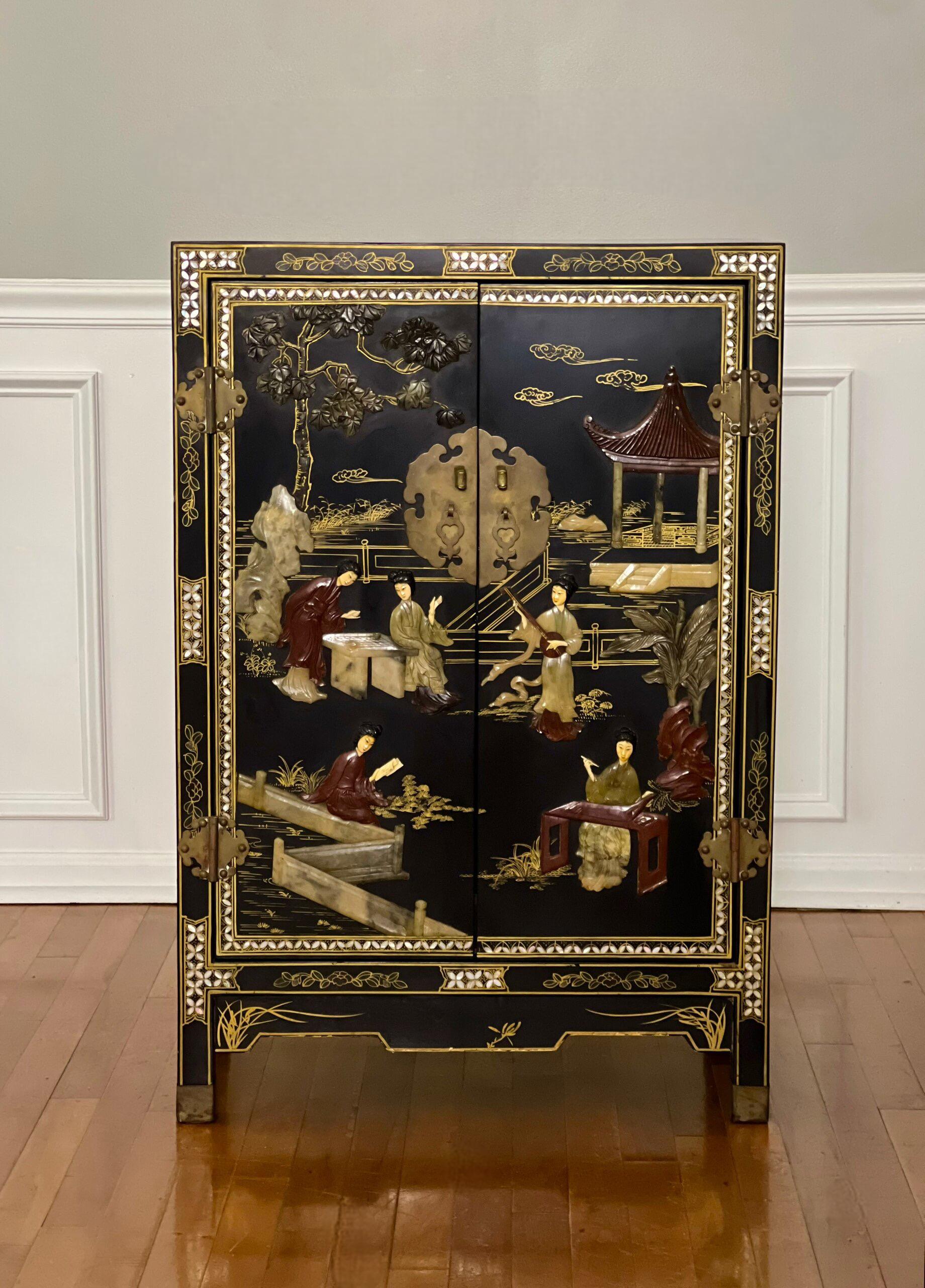 Hand-Painted Chinese Black Lacquer Cabinet with Hardstone Mounts and Mother-of-Pearl Inlay For Sale