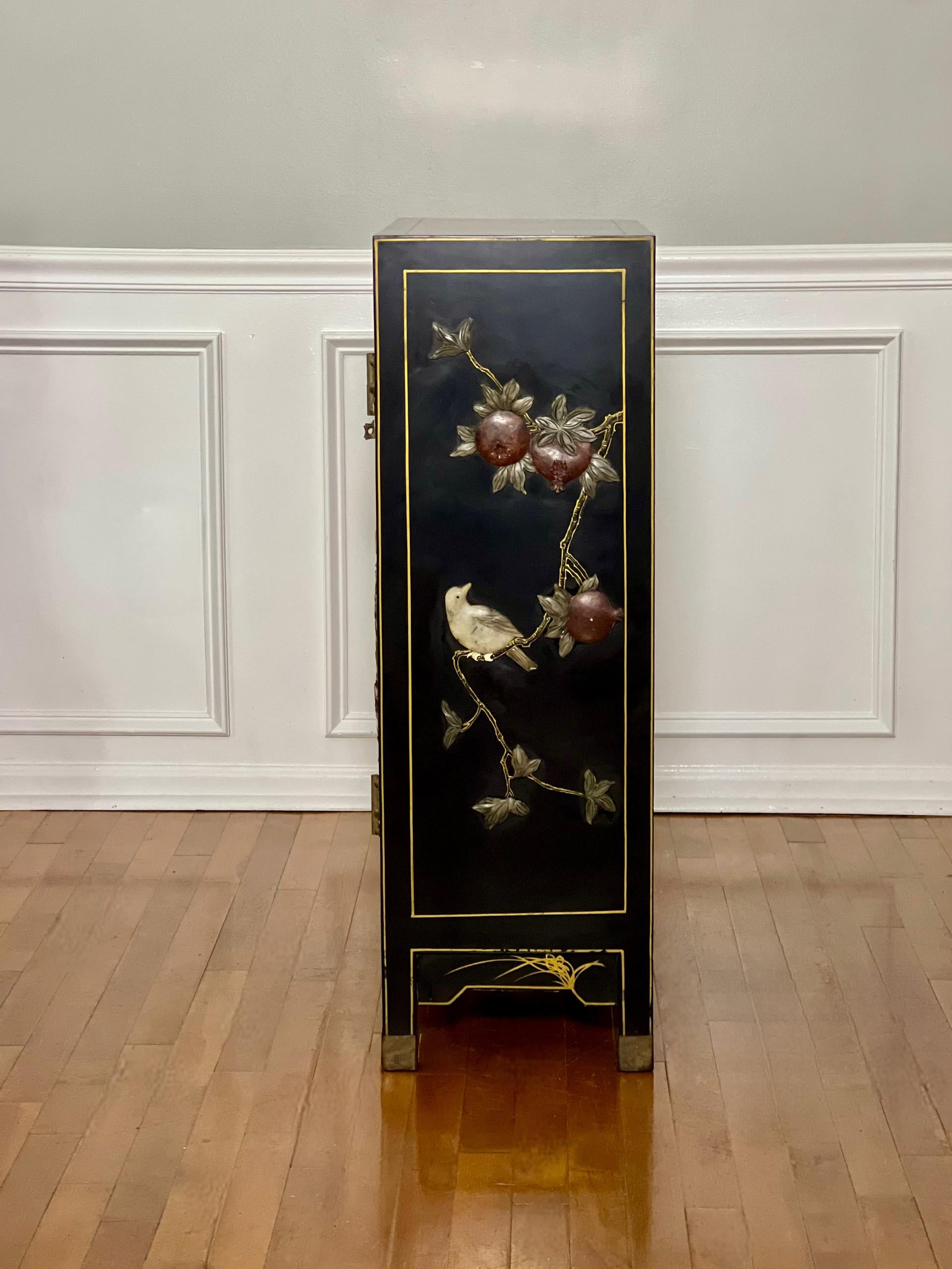 Brass Chinese Black Lacquer Cabinet with Hardstone Mounts and Mother-of-Pearl Inlay For Sale