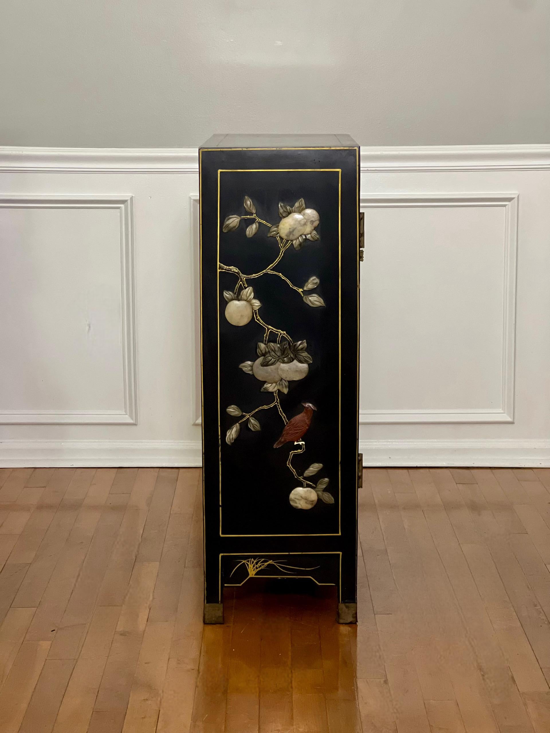 Chinese Black Lacquer Cabinet with Hardstone Mounts and Mother-of-Pearl Inlay For Sale 1