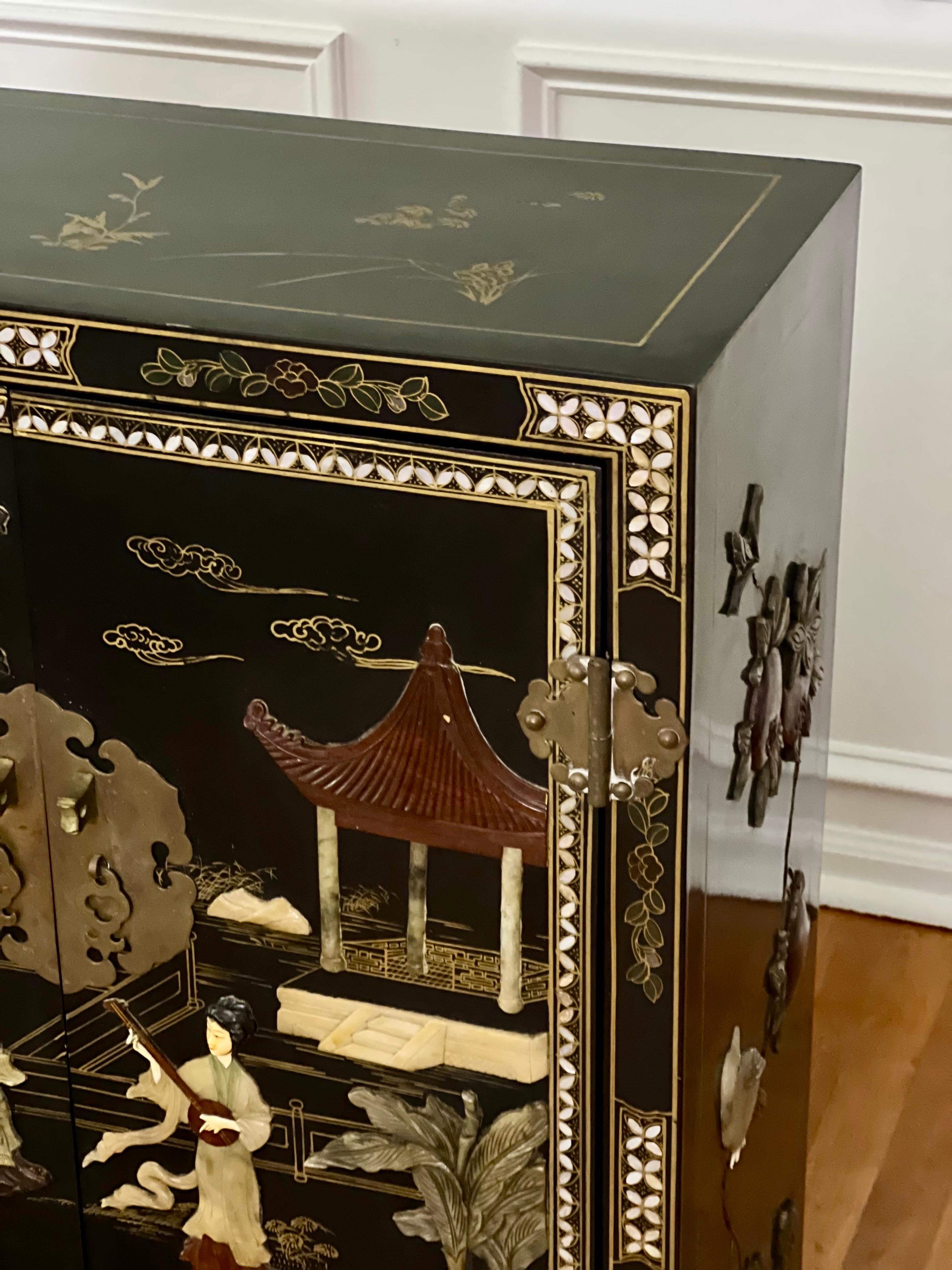 Chinese Black Lacquer Cabinet with Hardstone Mounts and Mother-of-Pearl Inlay For Sale 3
