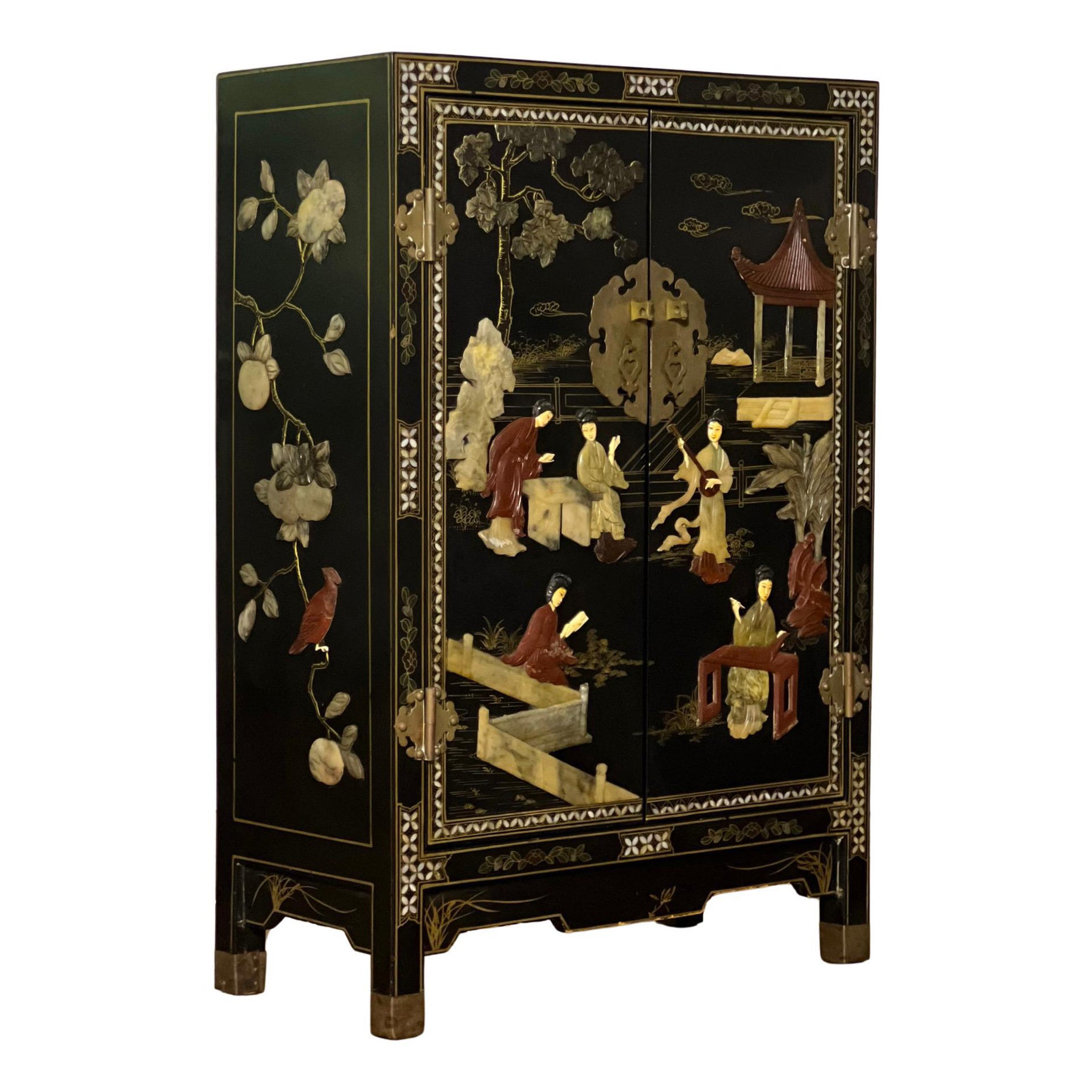 Chinese Black Lacquer Cabinet with Hardstone Mounts and Mother-of-Pearl Inlay For Sale
