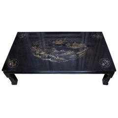 Chinese Black Lacquer Coffee Table with Mother of Pearl Inlay