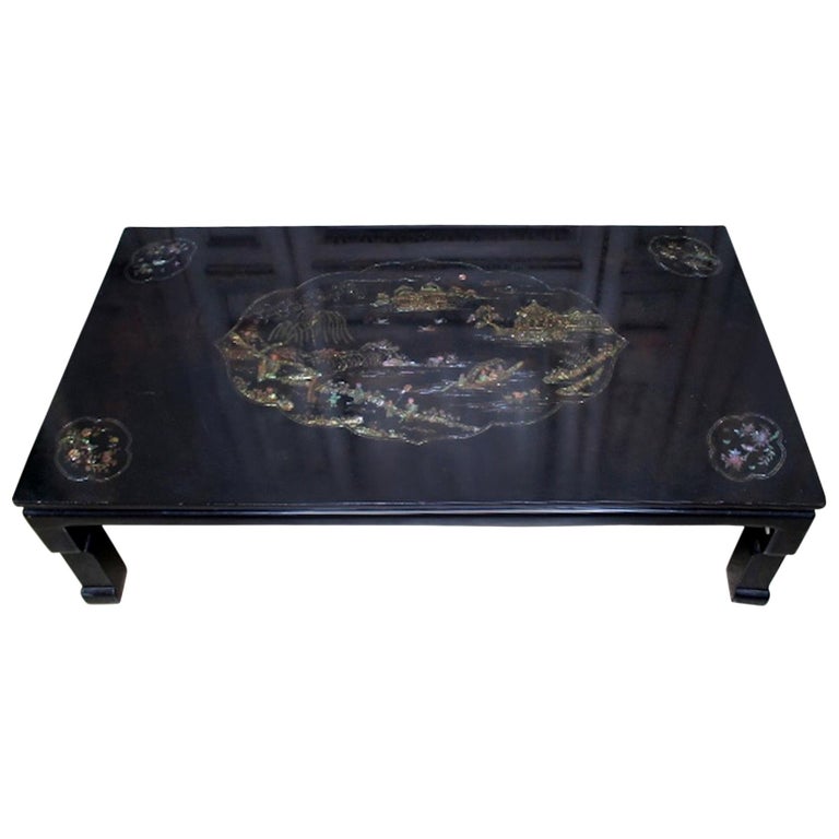 Chinese Black Lacquer Coffee Table with Mother of Pearl Inlay at 1stDibs