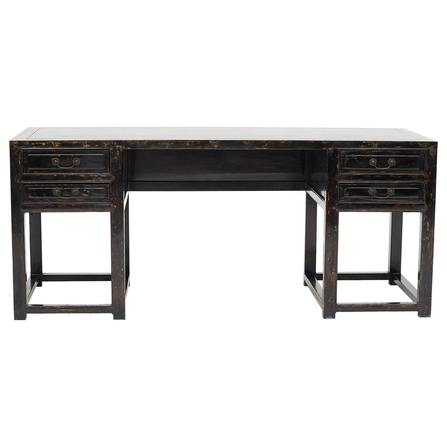 Chinese Black Lacquer Doctor's Desk with a Stunning Marbled Look on