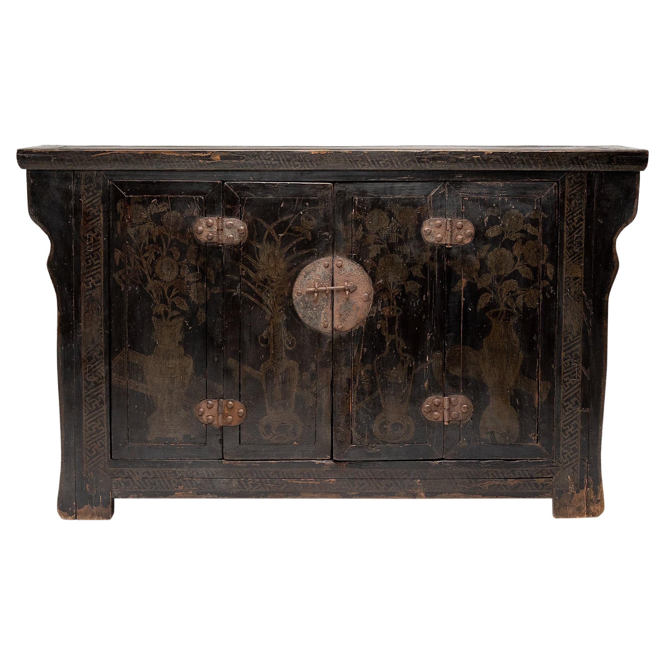Chinese Black Lacquer Four Flowers Coffer, c. 1850