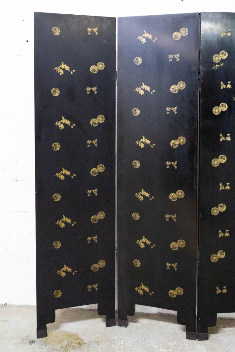 Chinese Black Lacquer Four-Panel Folding Screen Room Divider, Late 19th Century For Sale 5