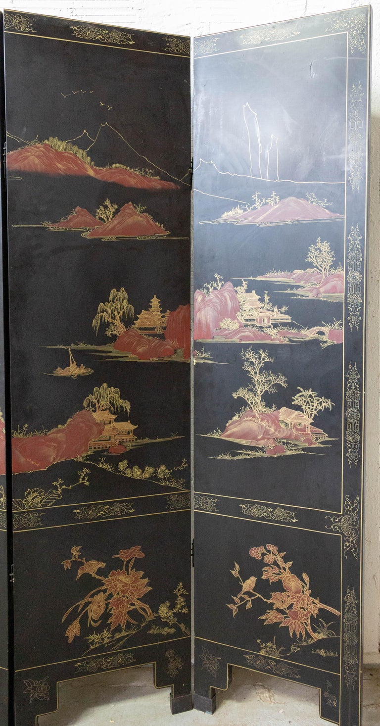 Chinoiserie Chinese Black Lacquer Four-Panel Folding Screen Room Divider, Late 19th Century For Sale