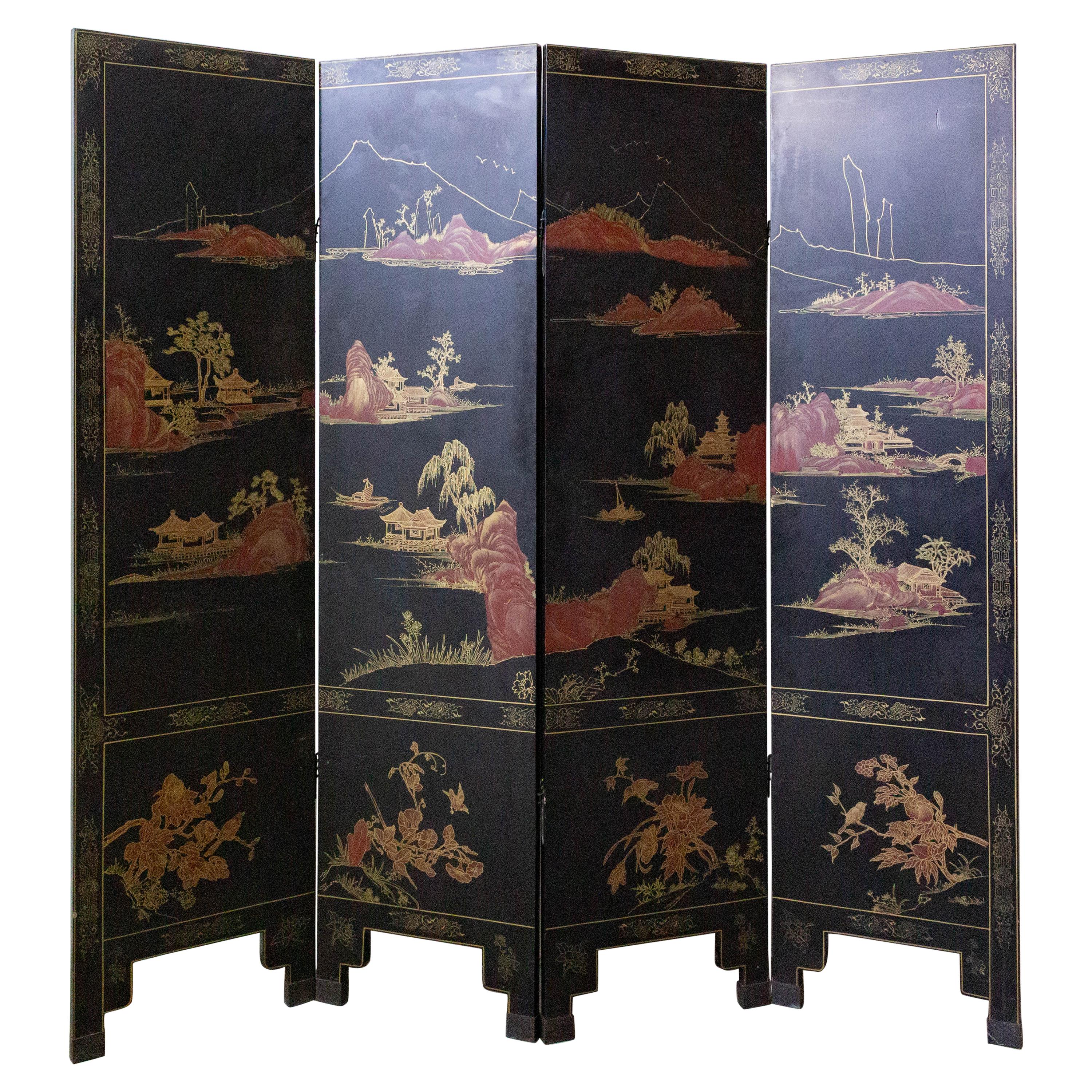 Chinese Black Lacquer Four-Panel Folding Screen Room Divider, Late 19th Century