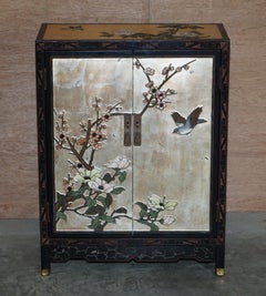 Chinese Black Lacquer Hand Painted Chinoiserie Side Table Cupboard or Sideboard