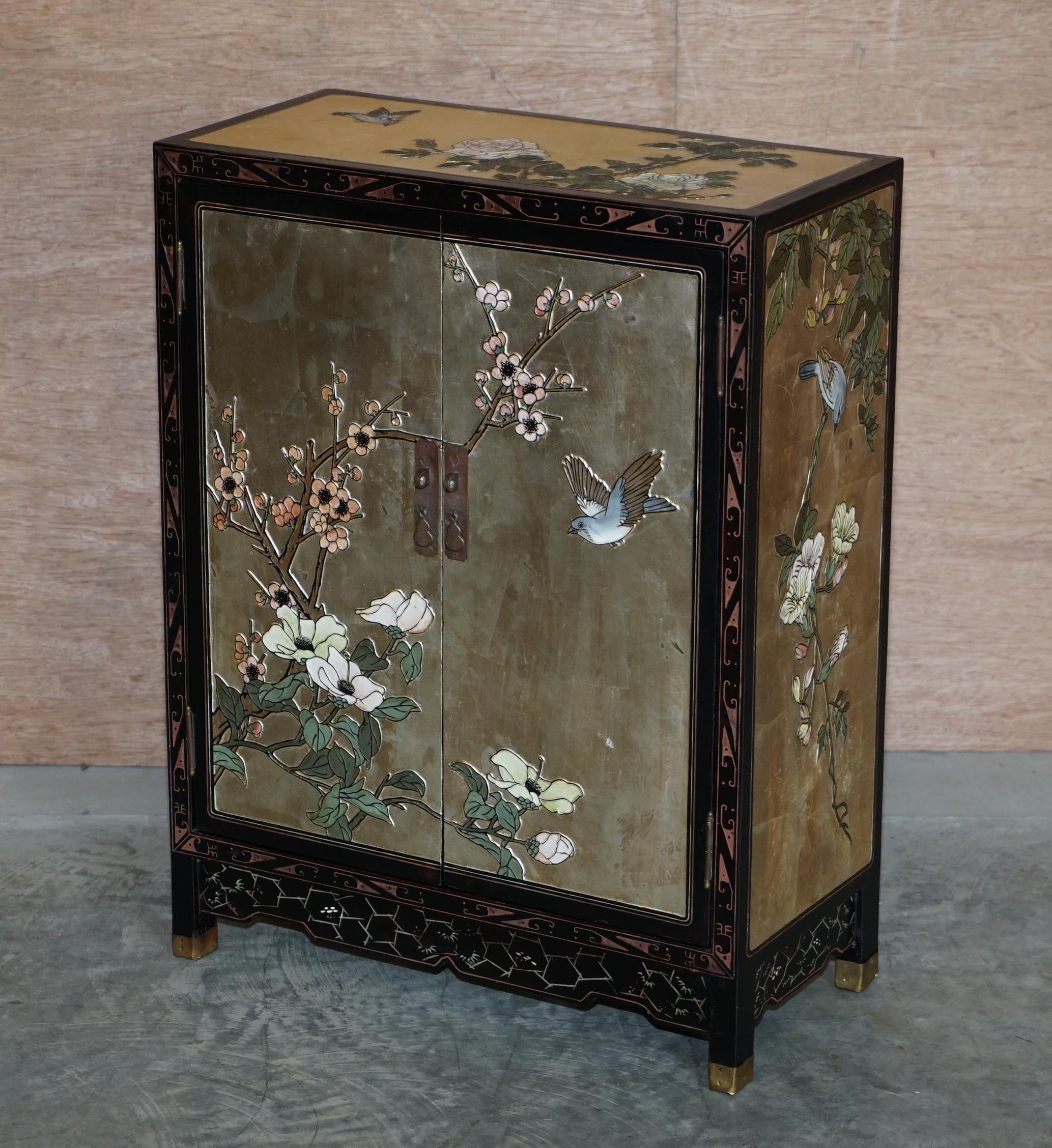 Lacquered Chinese Black Lacquer Hand Painted Chinoiserie Side Table Cupboard or Sideboard