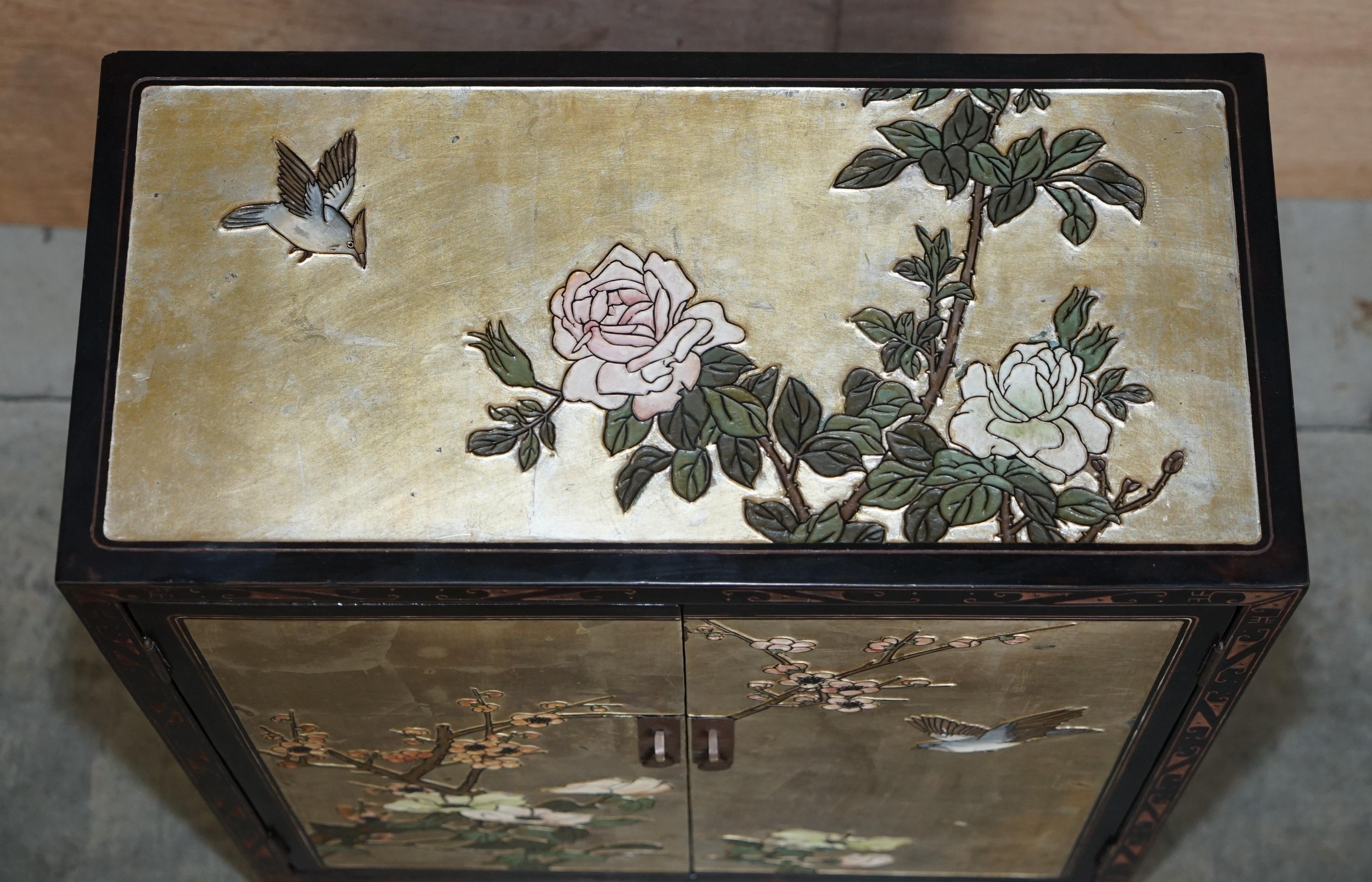 20th Century Chinese Black Lacquer Hand Painted Chinoiserie Side Table Cupboard or Sideboard