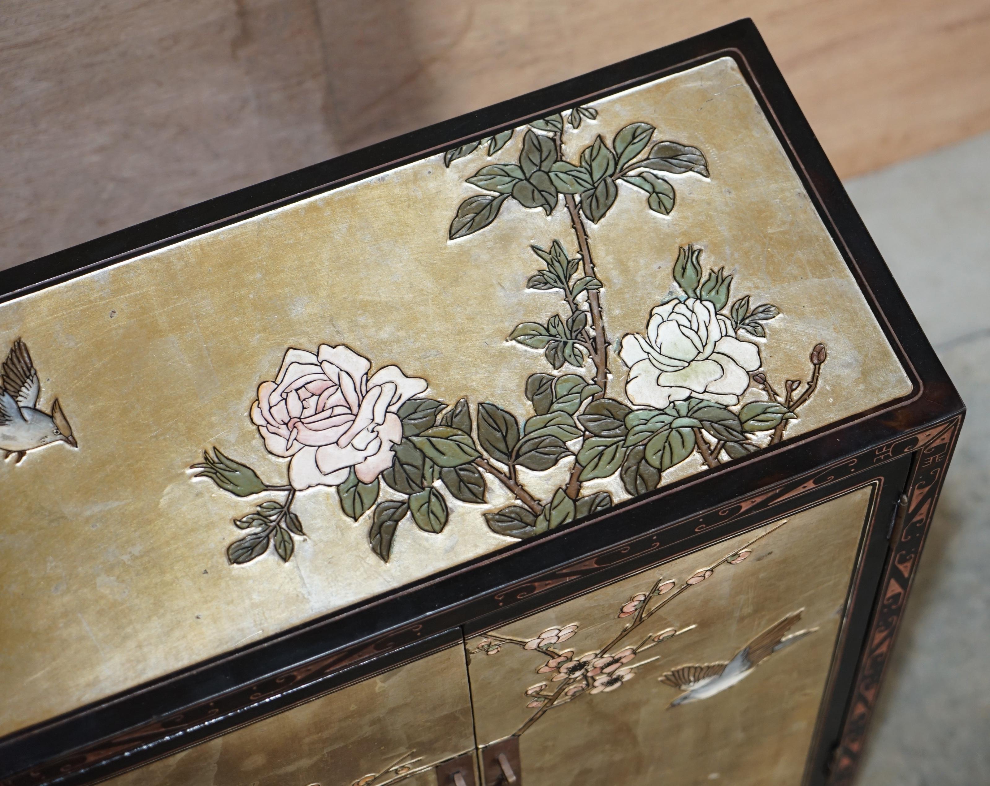 Wood Chinese Black Lacquer Hand Painted Chinoiserie Side Table Cupboard or Sideboard