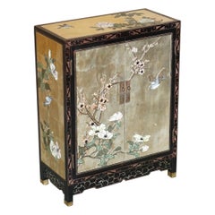 Chinese Black Lacquer Hand Painted Chinoiserie Side Table Cupboard or Sideboard
