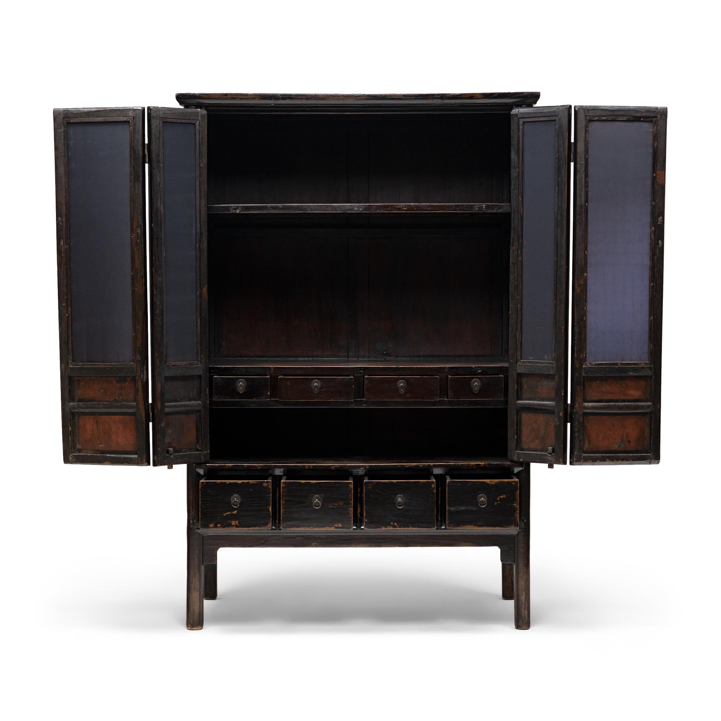 Qing Chinese Black Lacquer Lattice Cabinet, c. 1850