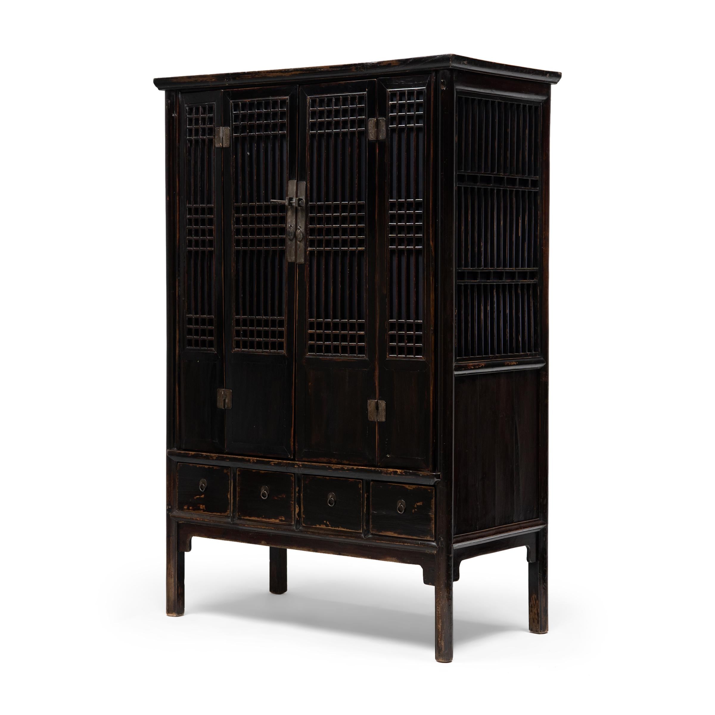Lacquered Chinese Black Lacquer Lattice Cabinet, c. 1850 For Sale