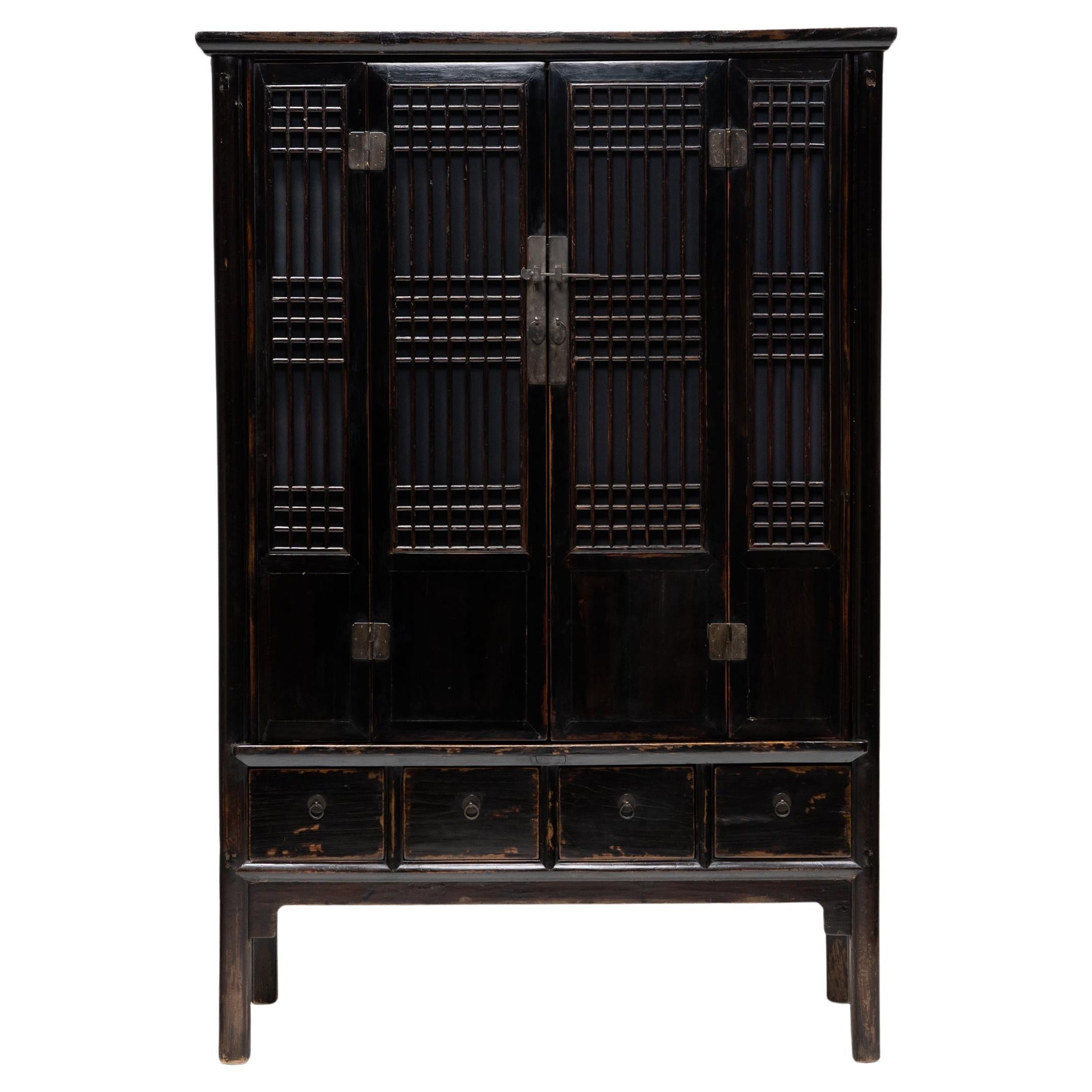 Chinese Black Lacquer Lattice Cabinet, c. 1850 For Sale