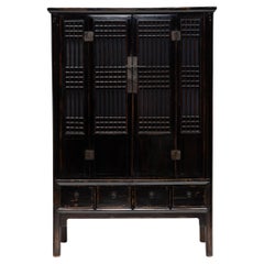 Used Chinese Black Lacquer Lattice Cabinet, c. 1850