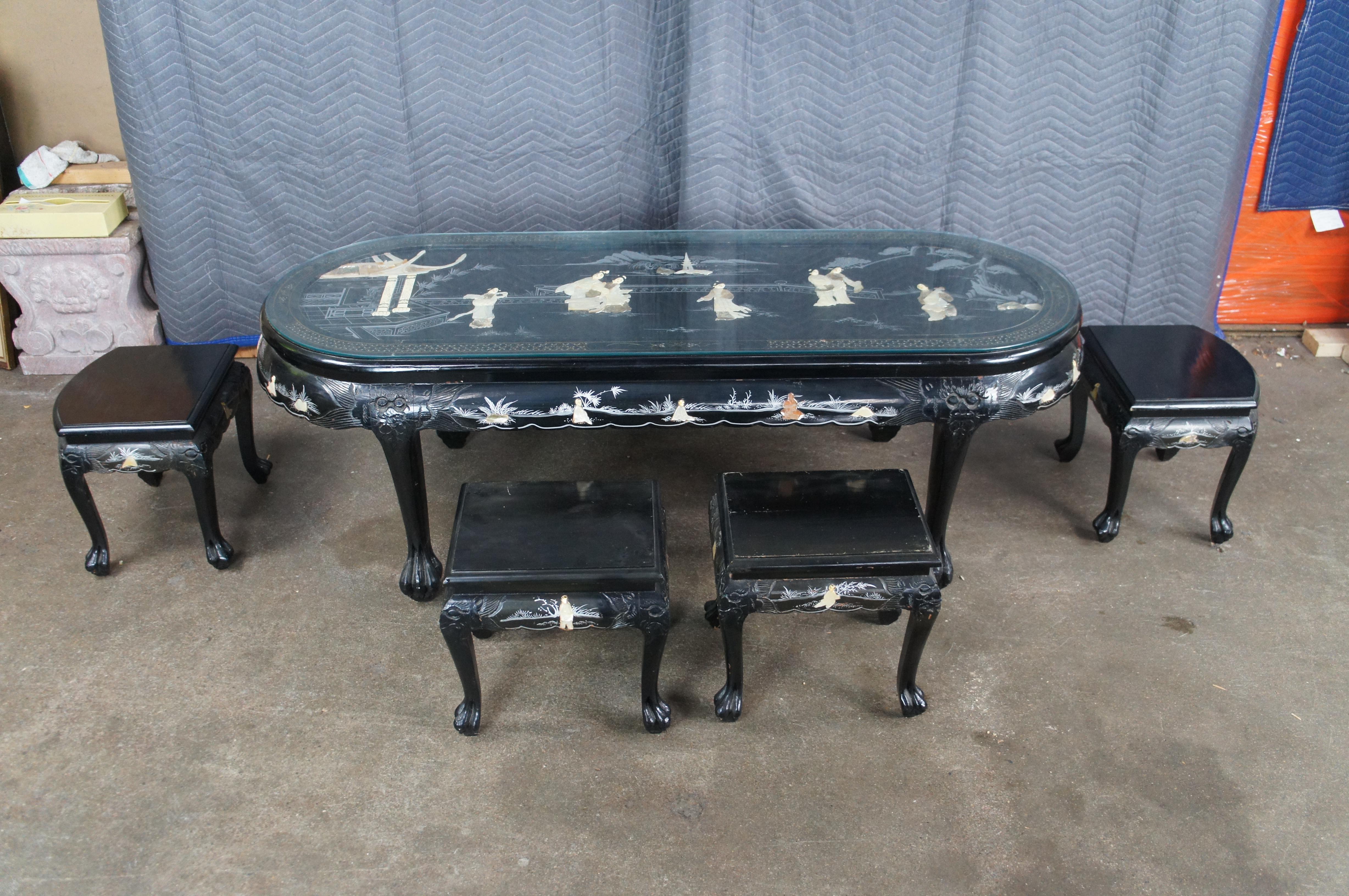 Chinese Black Lacquer MOP Soapstone Pagoda Geisha Coffee Tea Table & 6 Stools For Sale 5