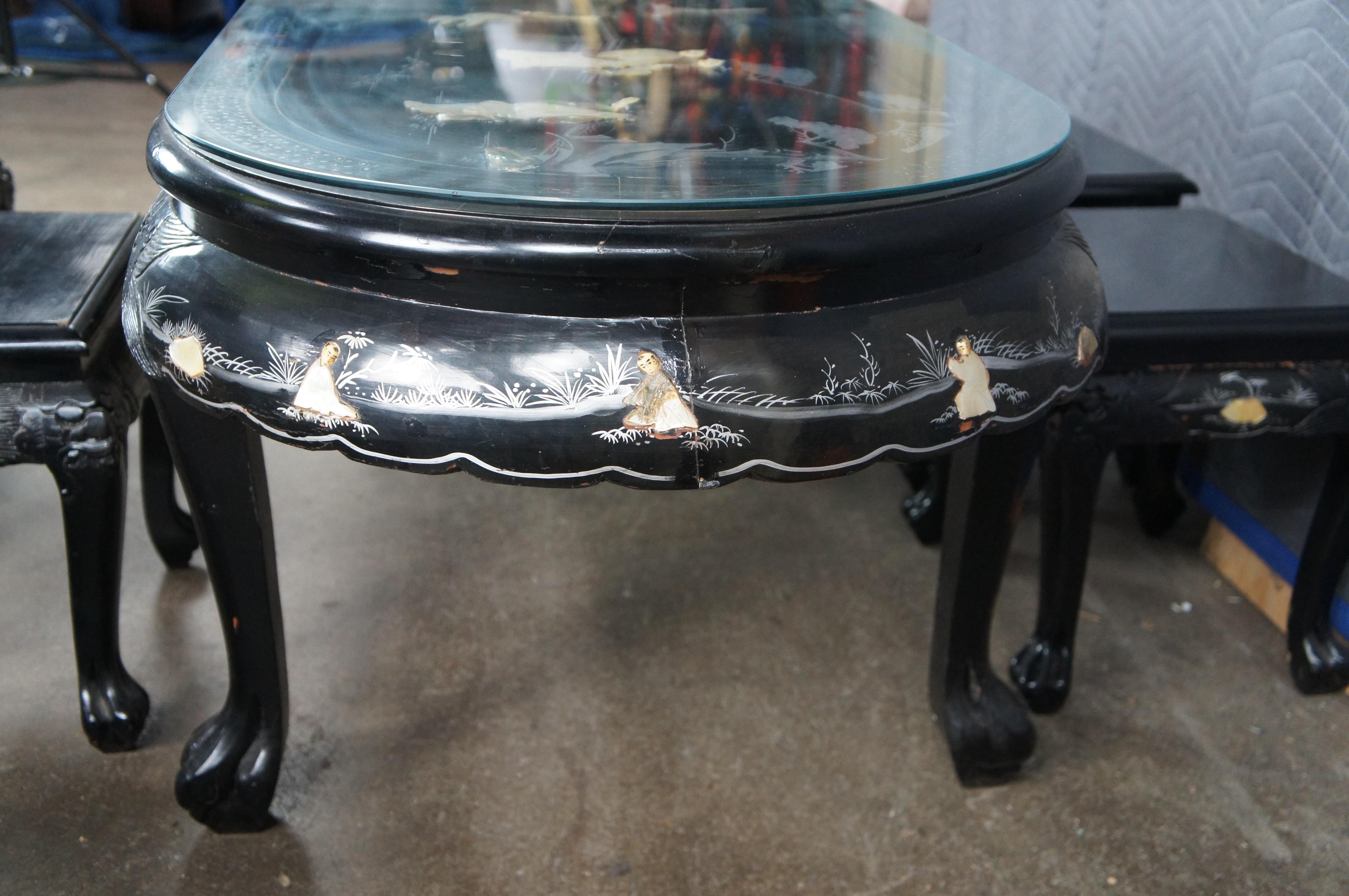 Chinese Black Lacquer MOP Soapstone Pagoda Geisha Coffee Tea Table & 6 Stools For Sale 7