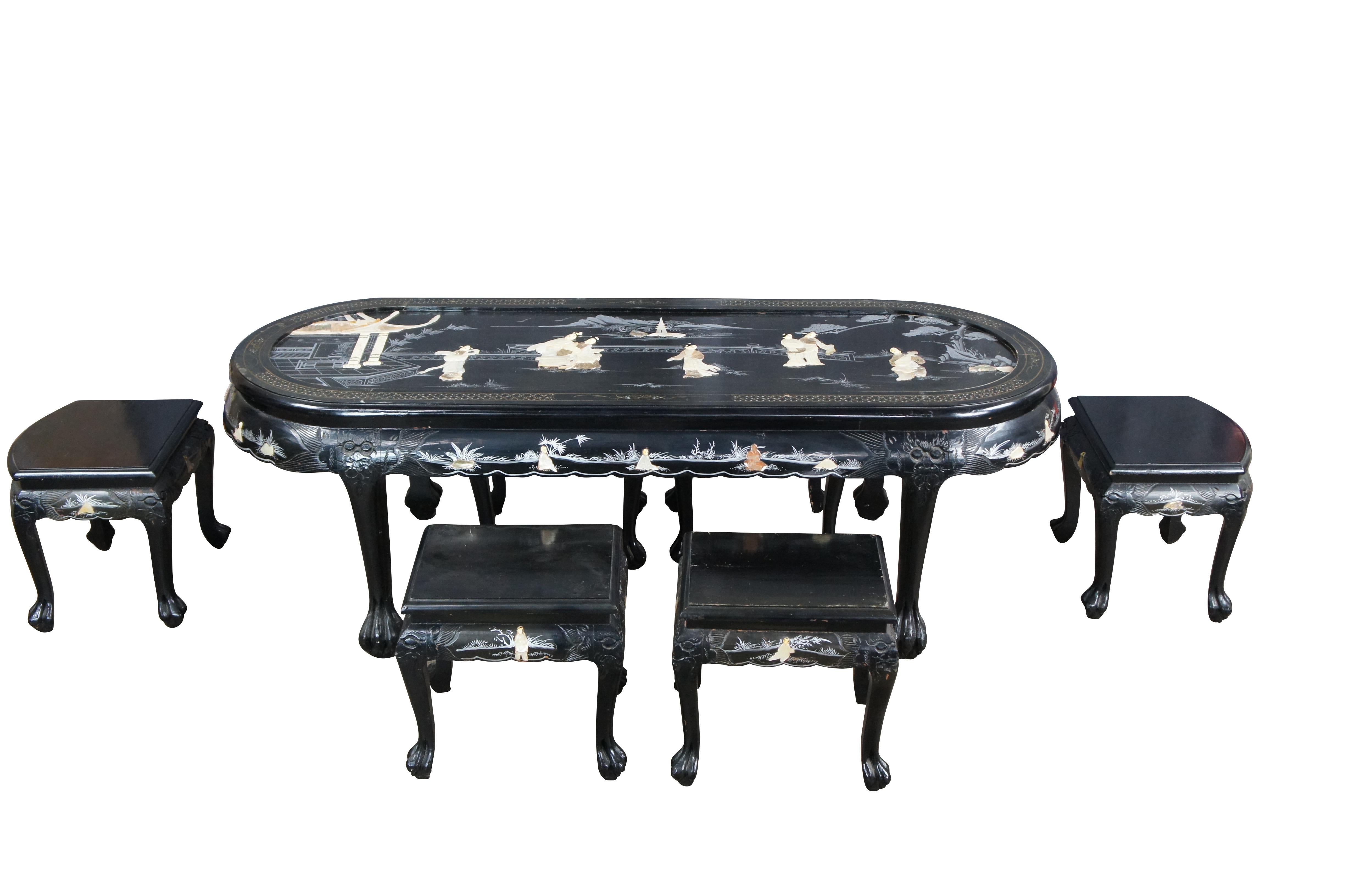 Chinoiserie Chinese Black Lacquer MOP Soapstone Pagoda Geisha Coffee Tea Table & 6 Stools For Sale