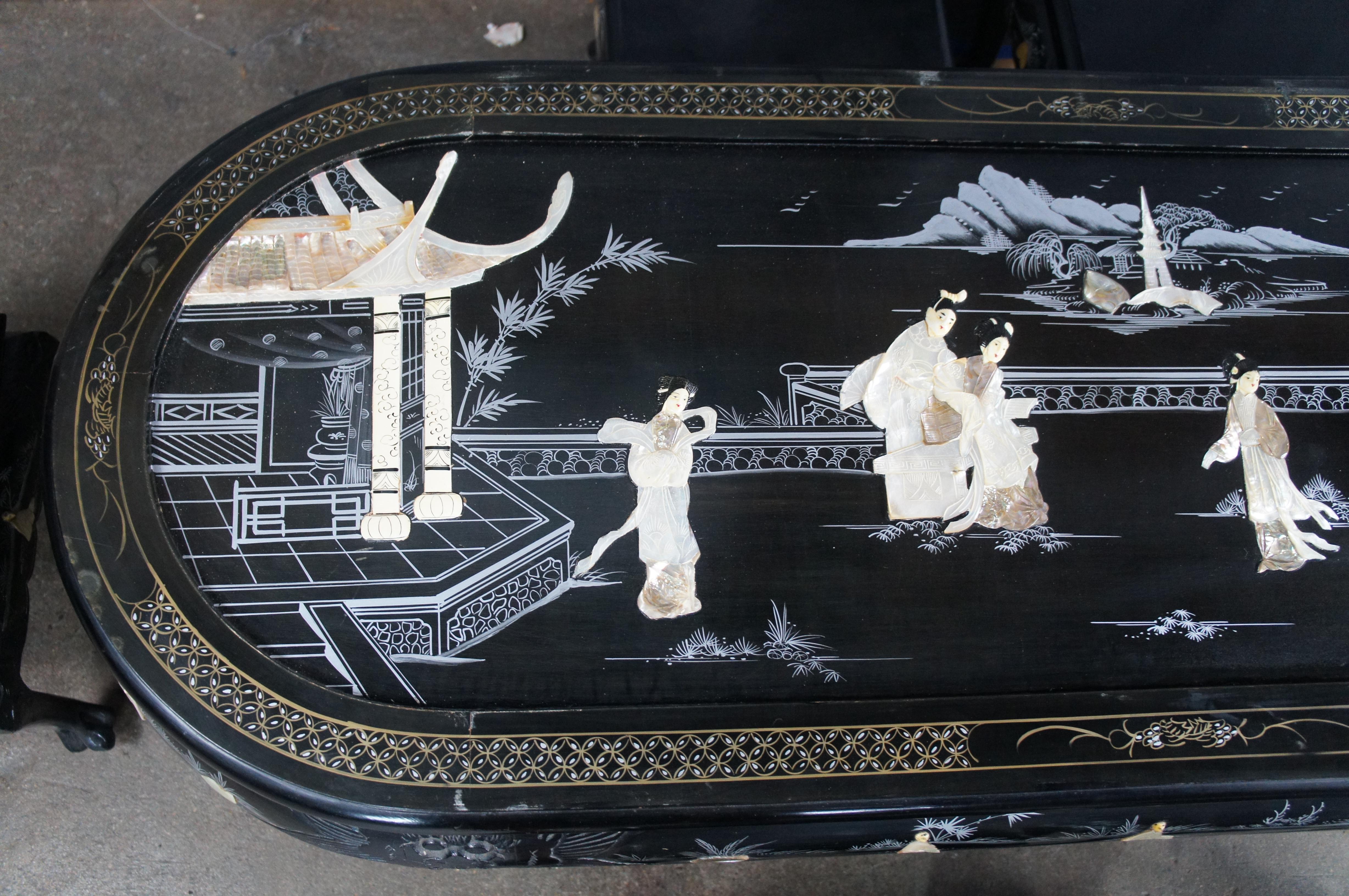 Chinese Black Lacquer MOP Soapstone Pagoda Geisha Coffee Tea Table & 6 Stools In Fair Condition For Sale In Dayton, OH
