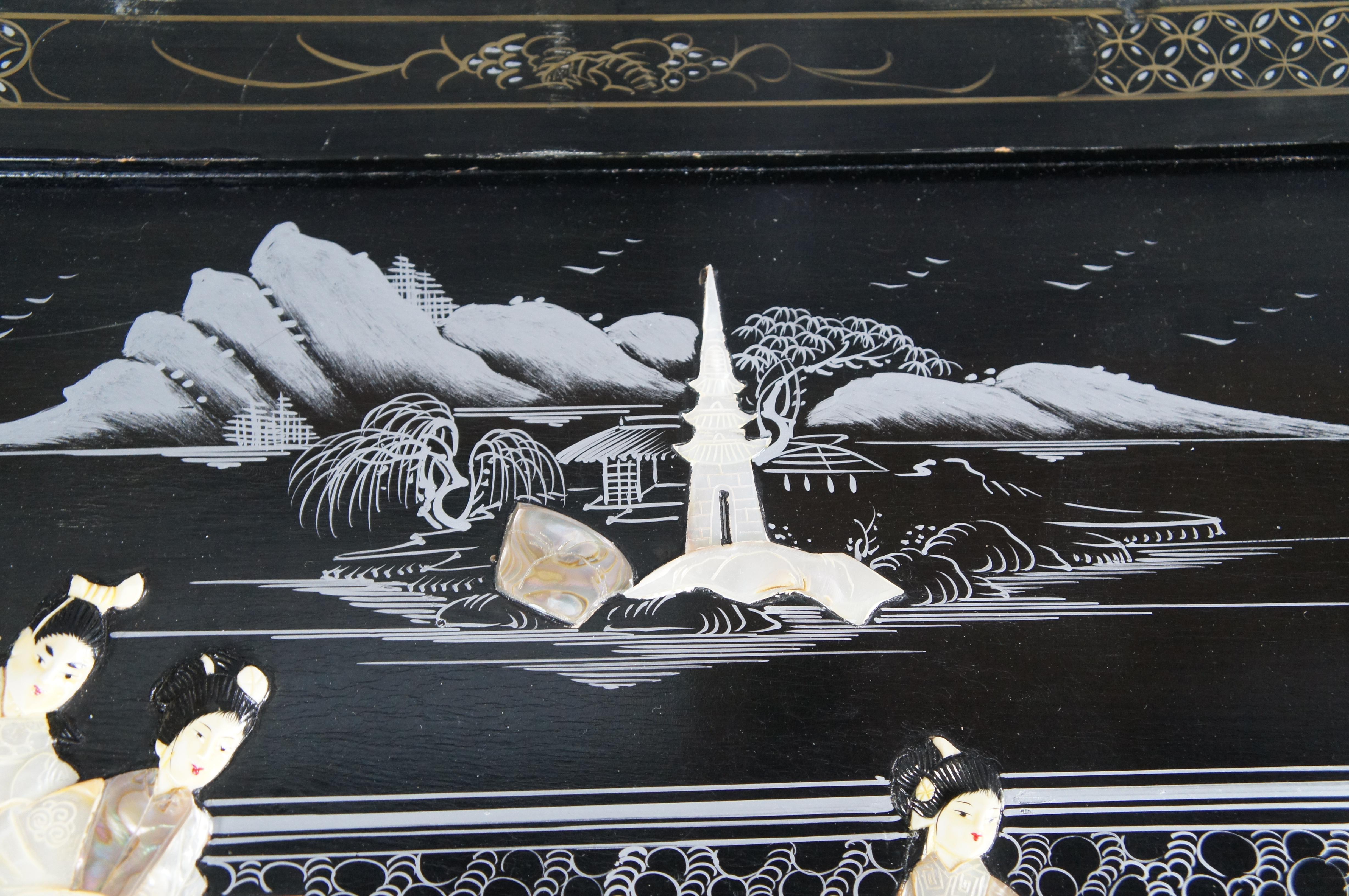 20th Century Chinese Black Lacquer MOP Soapstone Pagoda Geisha Coffee Tea Table & 6 Stools For Sale
