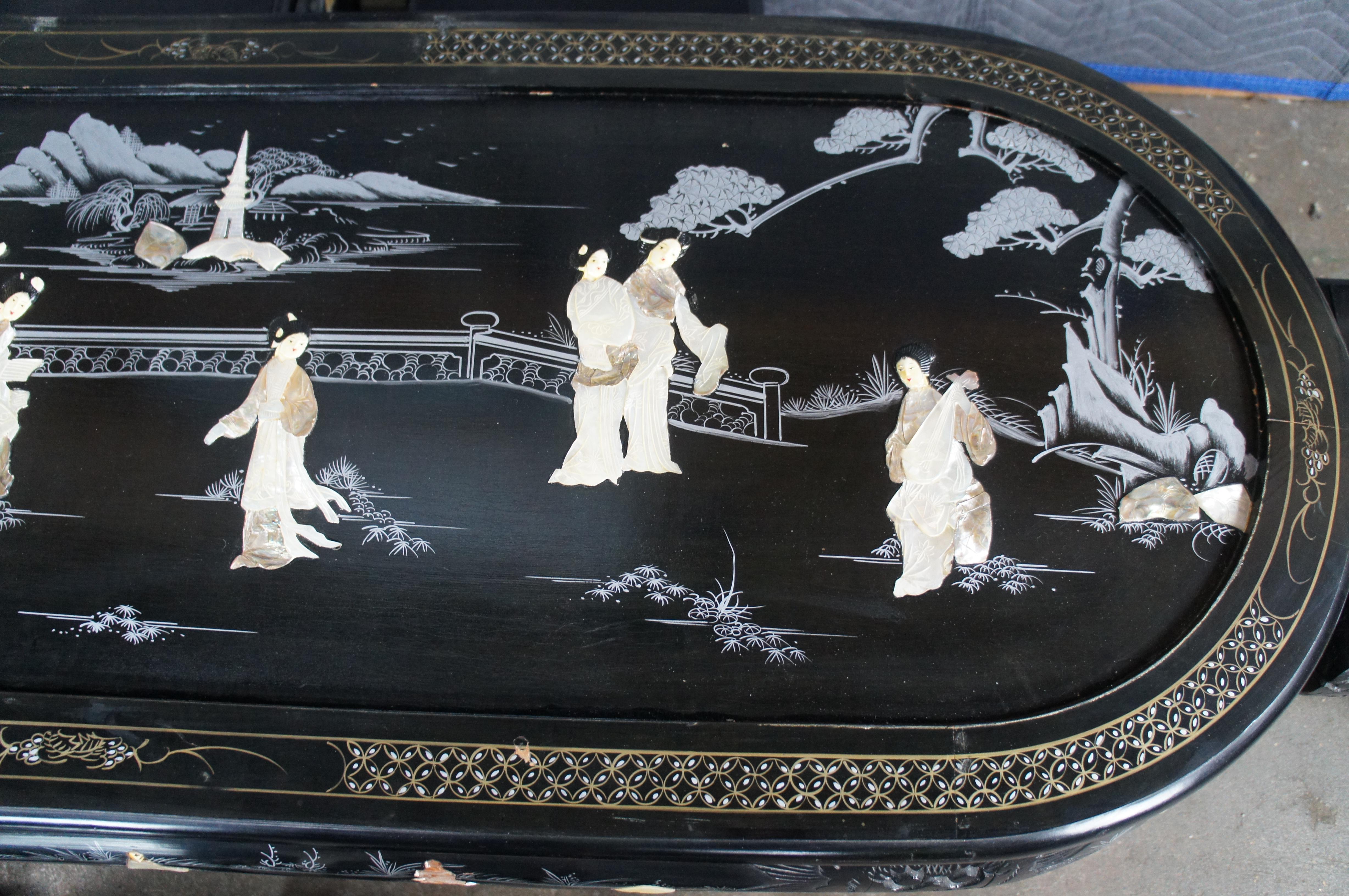 Chinese Black Lacquer MOP Soapstone Pagoda Geisha Coffee Tea Table & 6 Stools For Sale 1