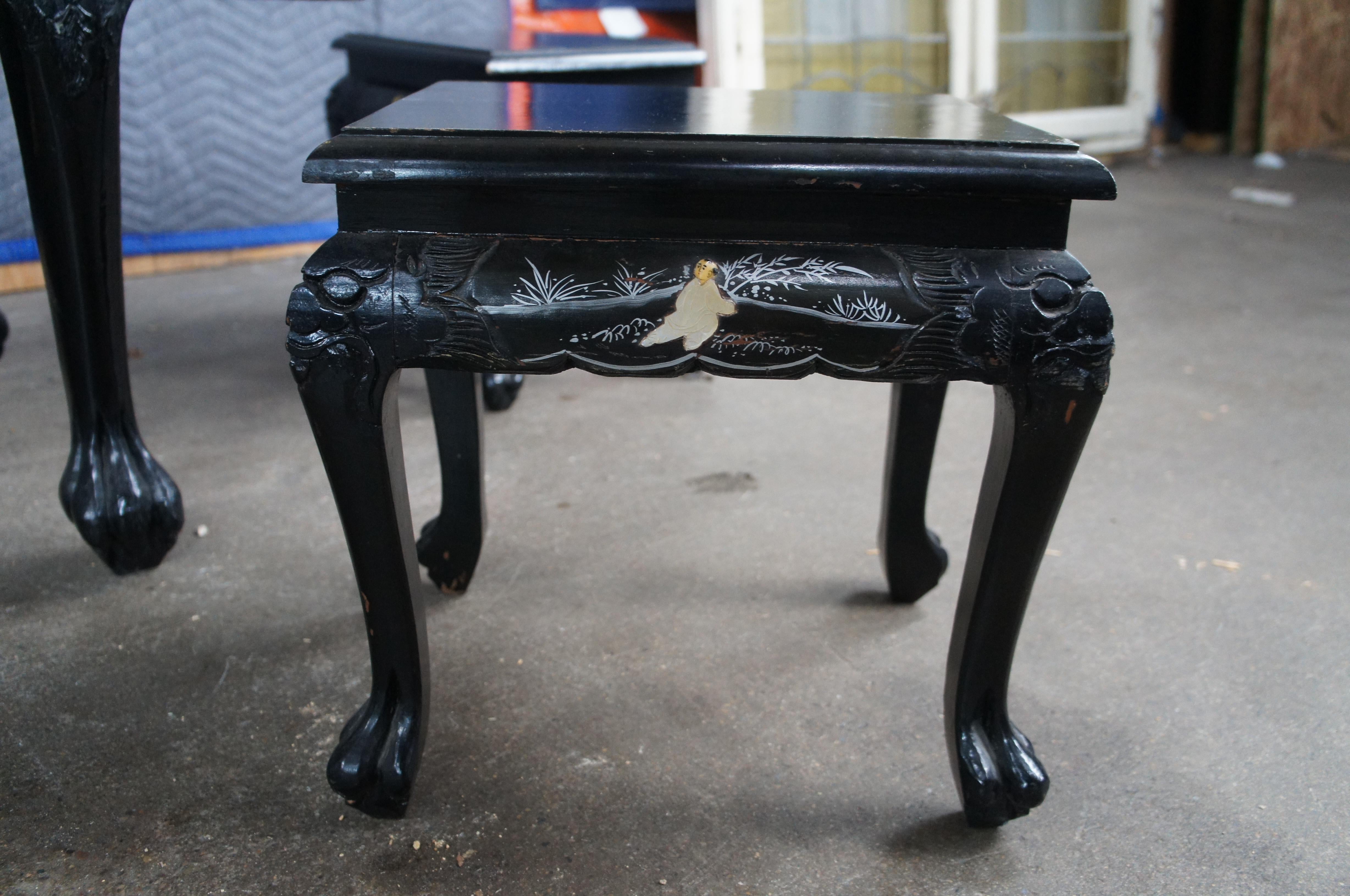 Chinese Black Lacquer MOP Soapstone Pagoda Geisha Coffee Tea Table & 6 Stools For Sale 3